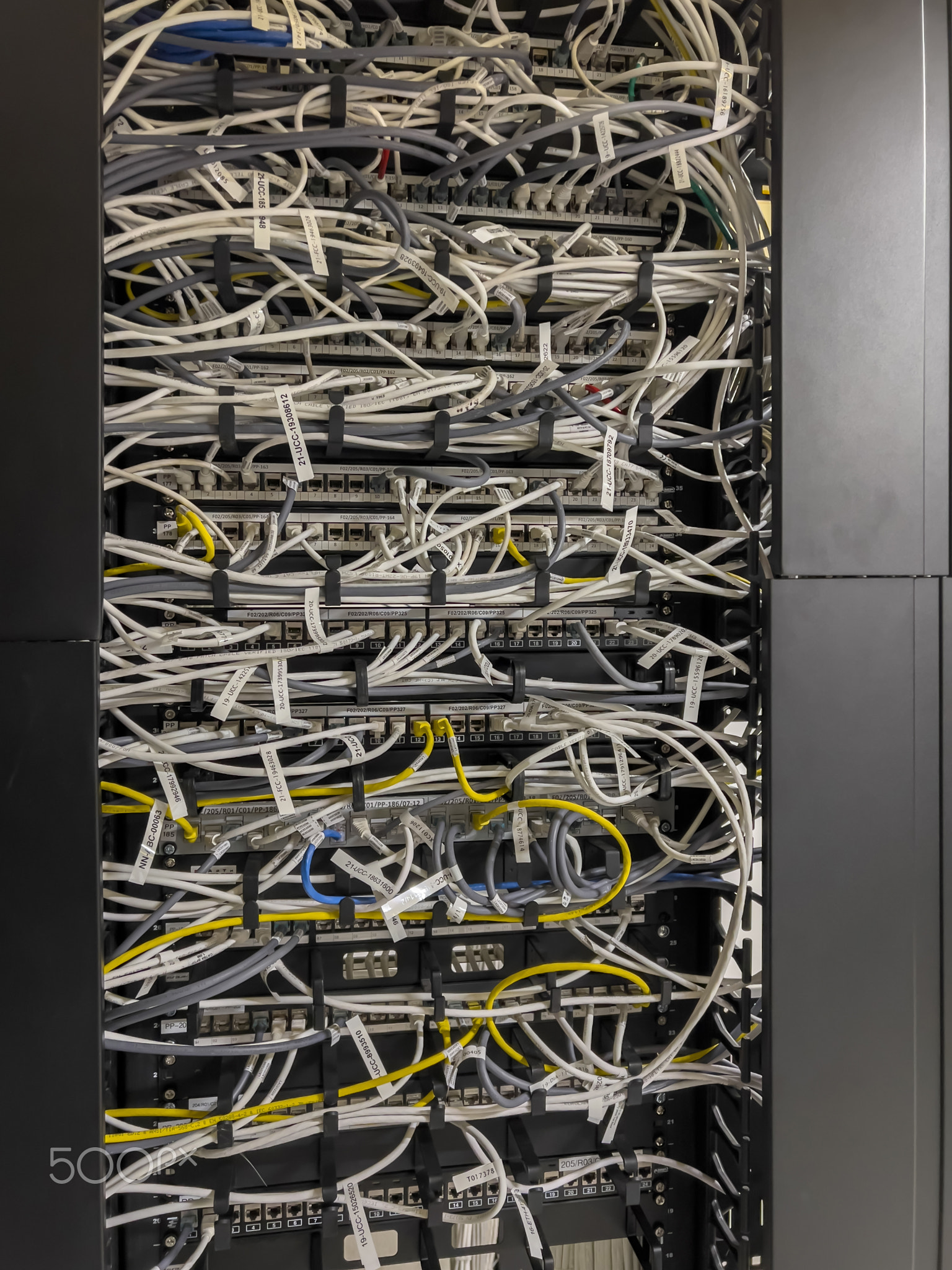 multiple server rack cables, cloud storage, indicators of different