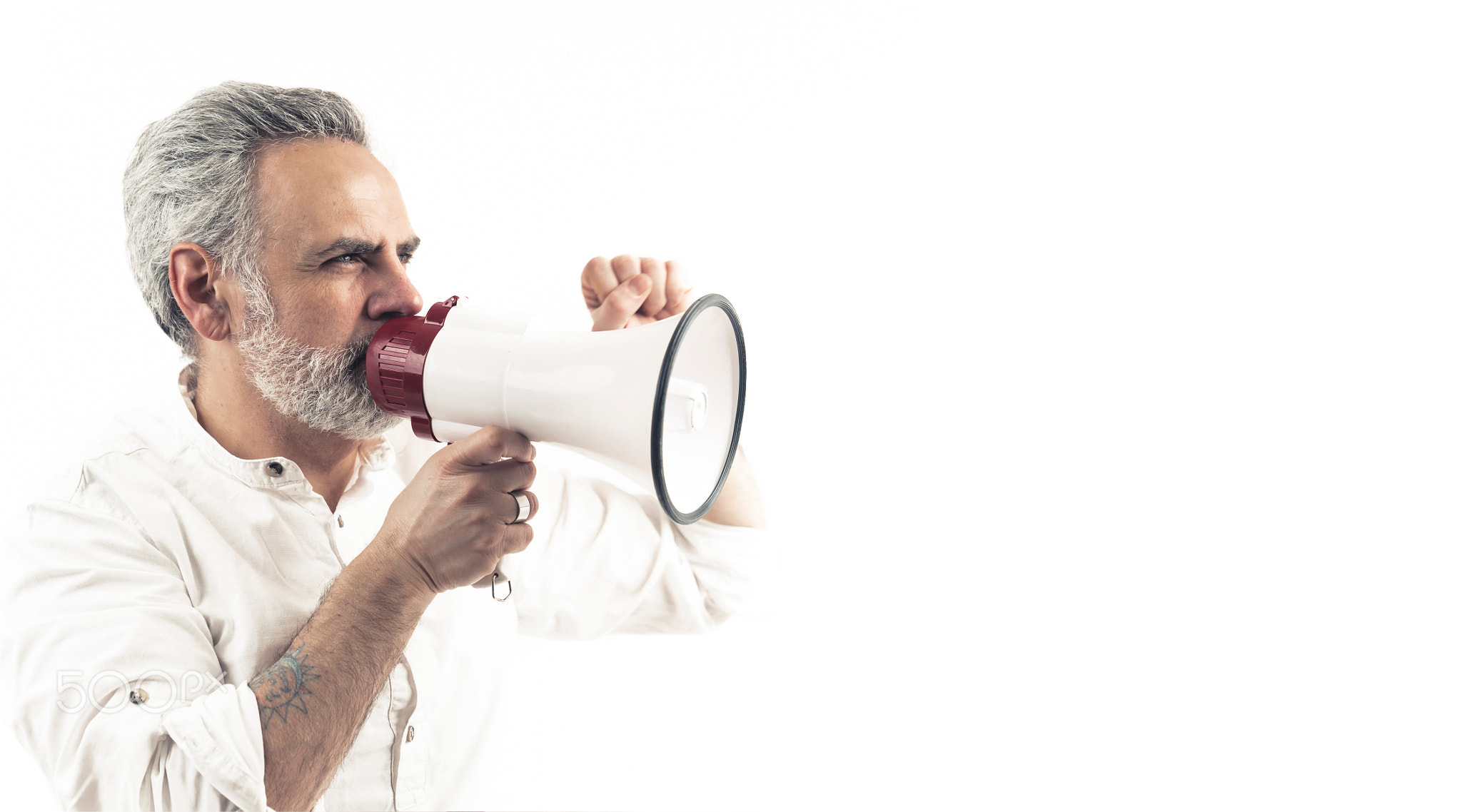 40s years old gray haired man with loudspeaker - isolated on white