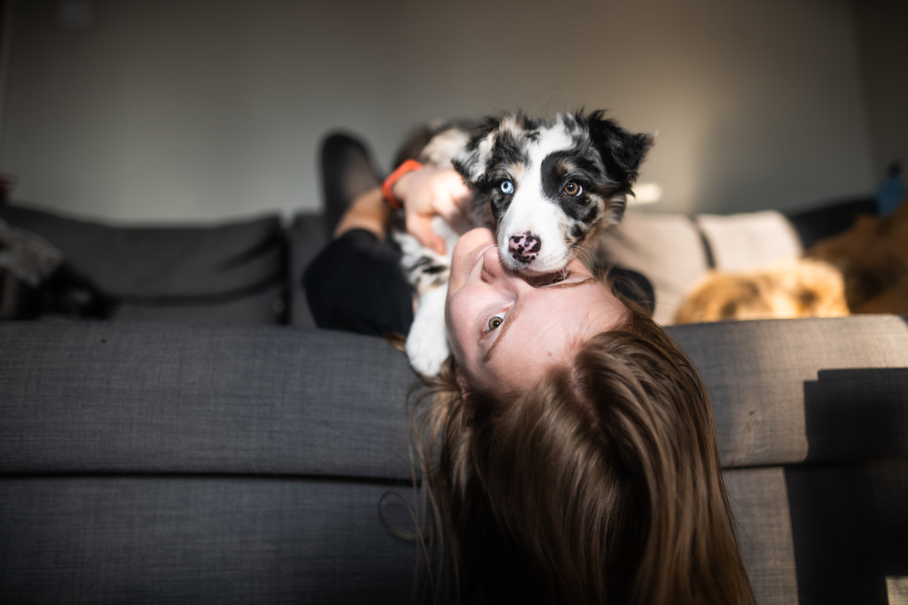 La vie avec un chiot - jeune femme se reposant sur le canapé avec un chiot par Iza ?yso ?  sur 500px.com