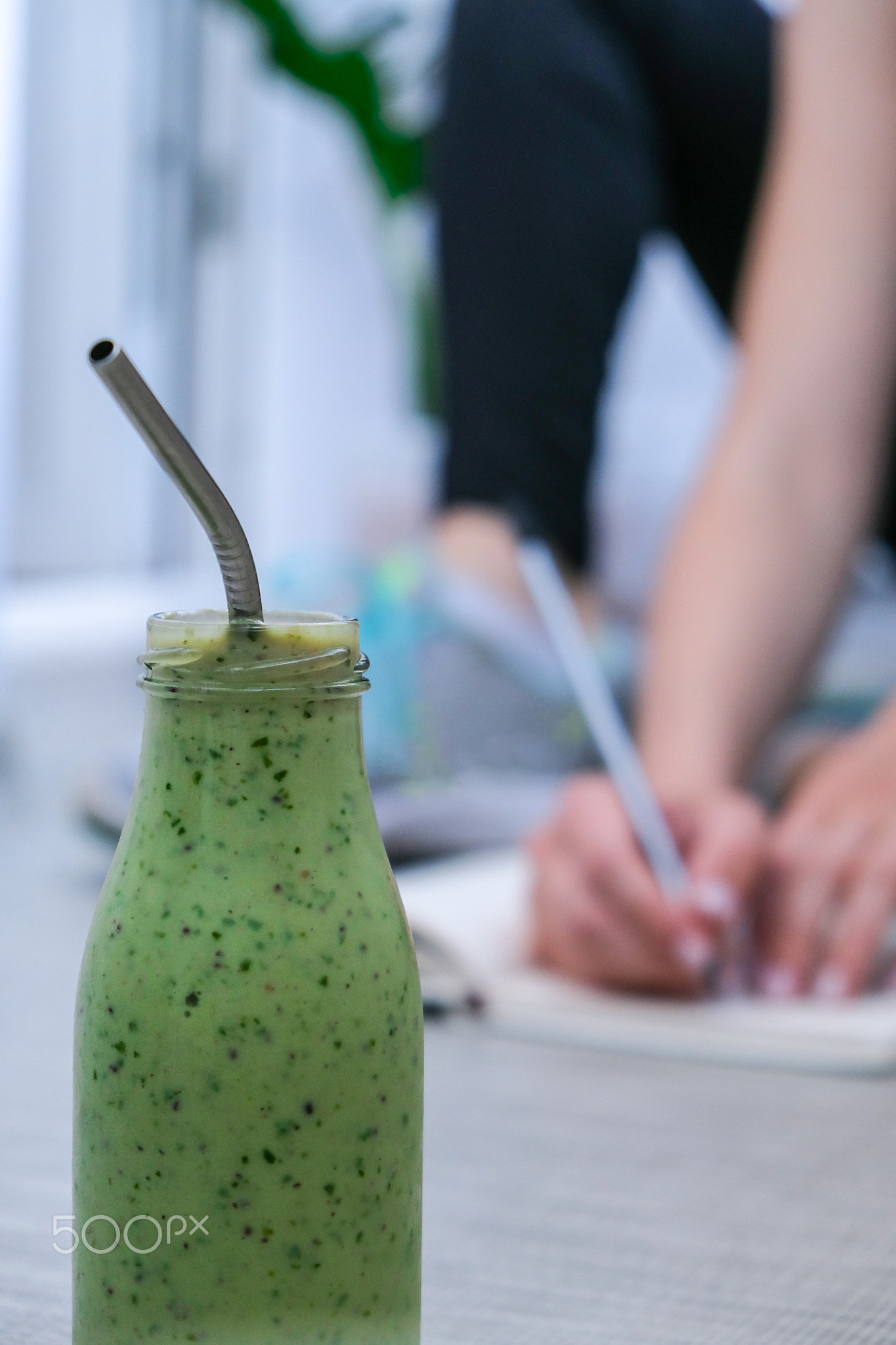 Seasonal Matcha green vegan smoothie with chia seeds and mint smoothie