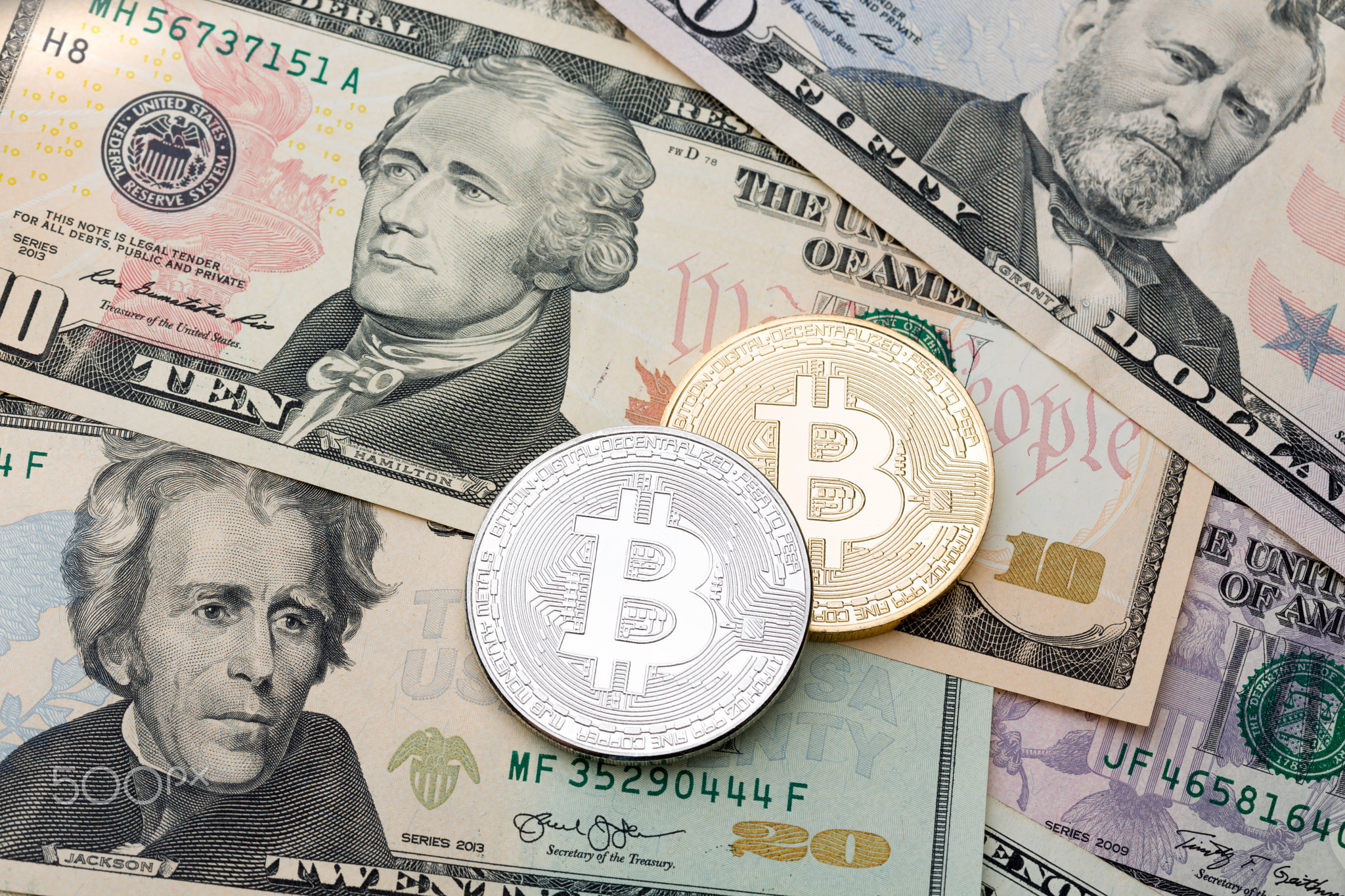 Dollar cash background, banknote and golden and silver cruptycur