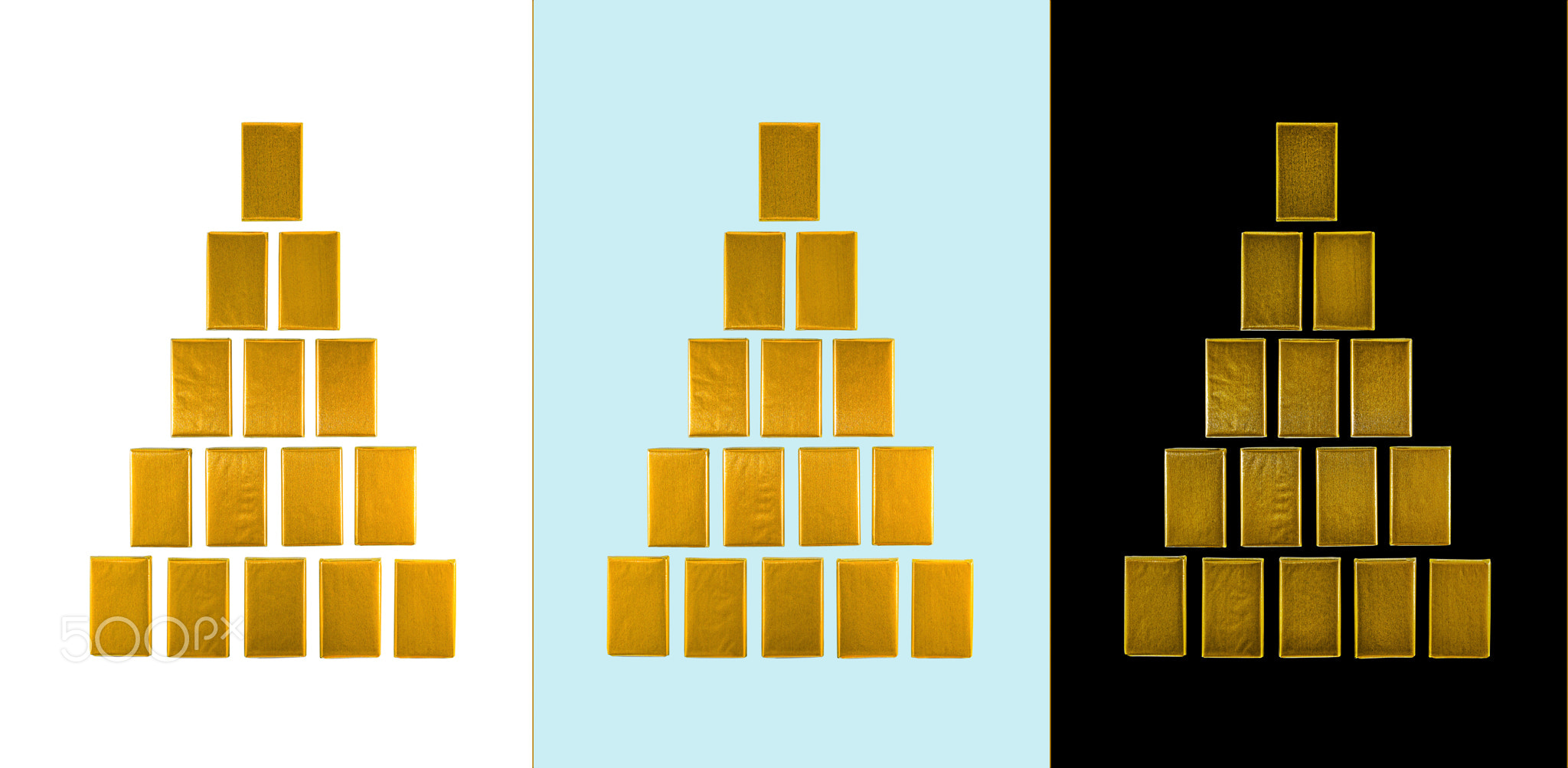 Pyramids of gold bars on a white, blue and black background are