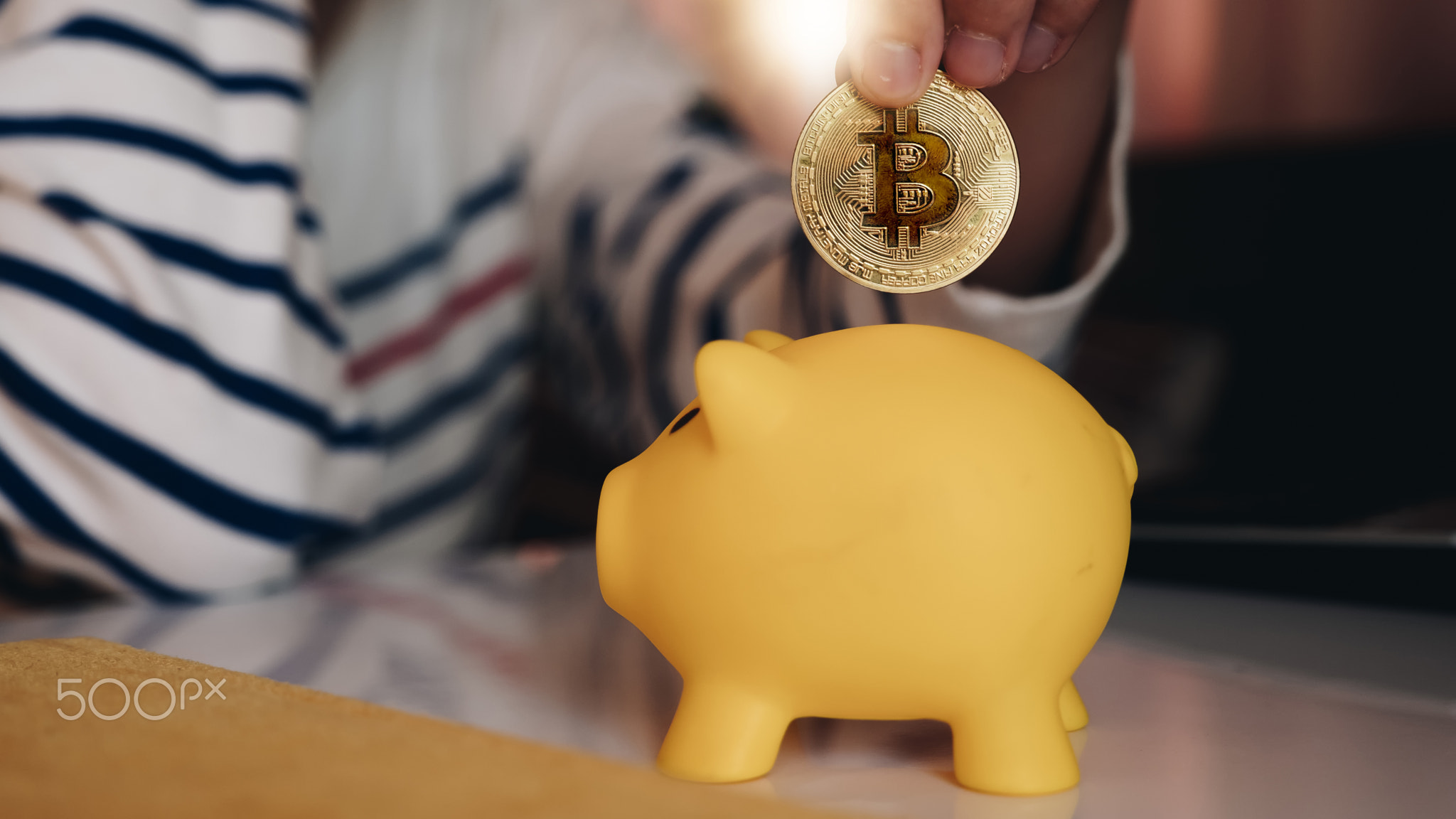 Business woman put bitcoin to piggy bank, bit coin BTC the new