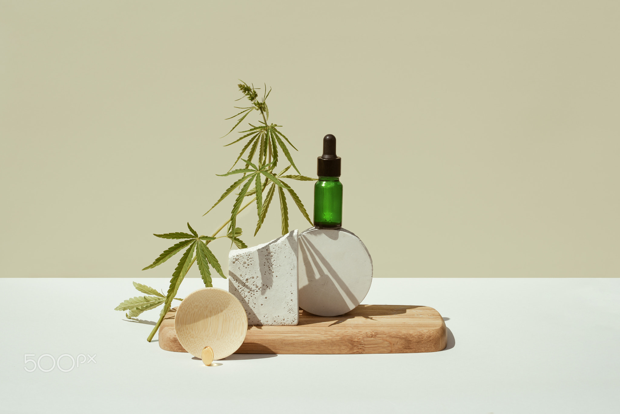 CBD oil in bottle. cannabis bush, hemp on wooden and geometric podium