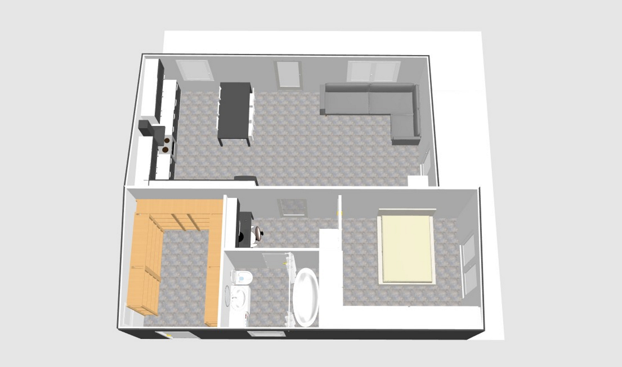 3D House Plan, Top View, One bedroom, One bathroom with big storage room