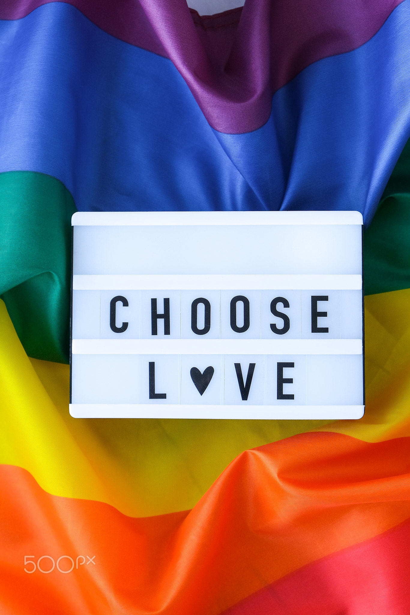 Rainbow flag with lightbox and text CHOOSE LOVE. Rainbow lgbtq flag