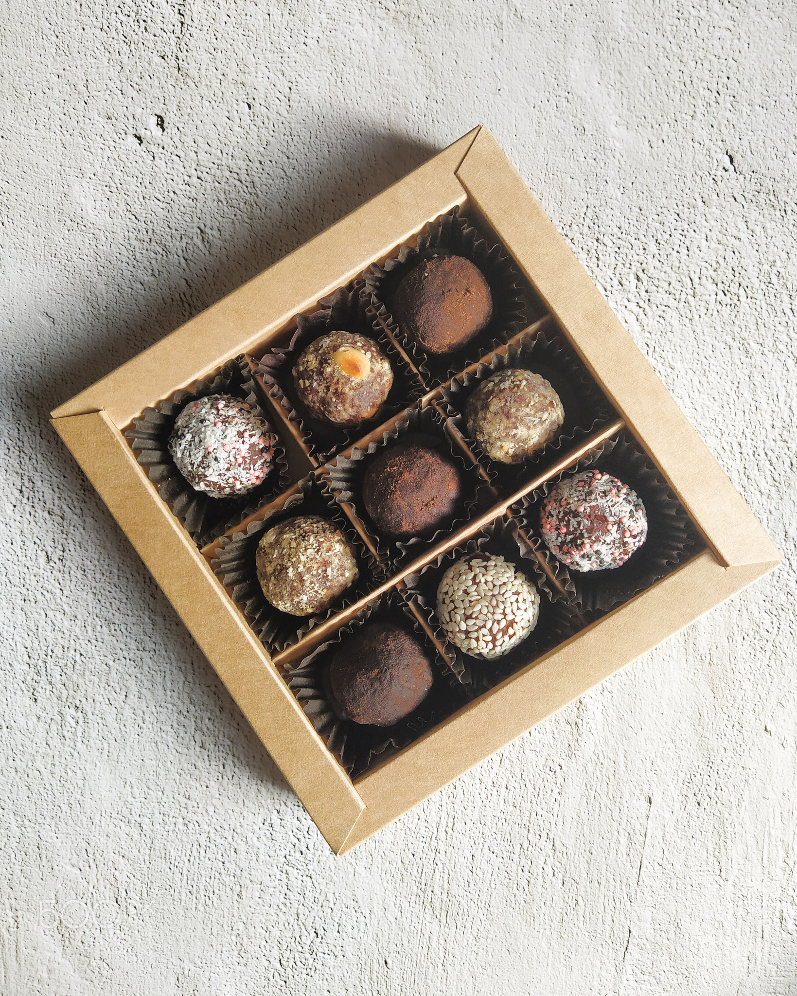 Box of chocolate candies (truffles) .