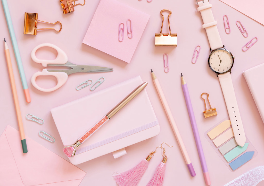 Pink school girly accessories and stationery on pastel pink background Top view by Ekaterina Fedotova on 500px.com