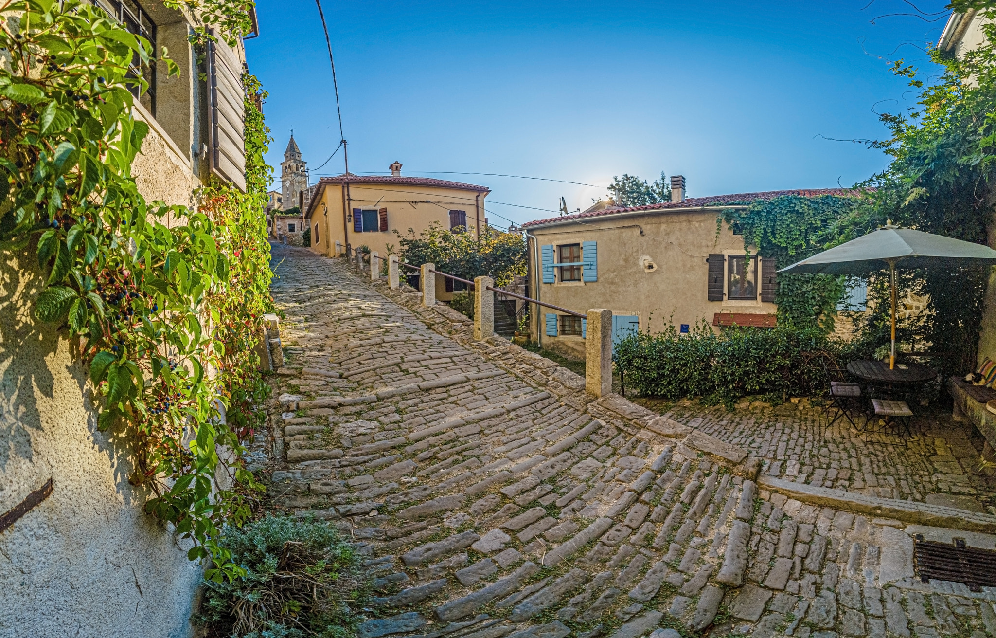 View over the cobblestone historic access road to Motovun