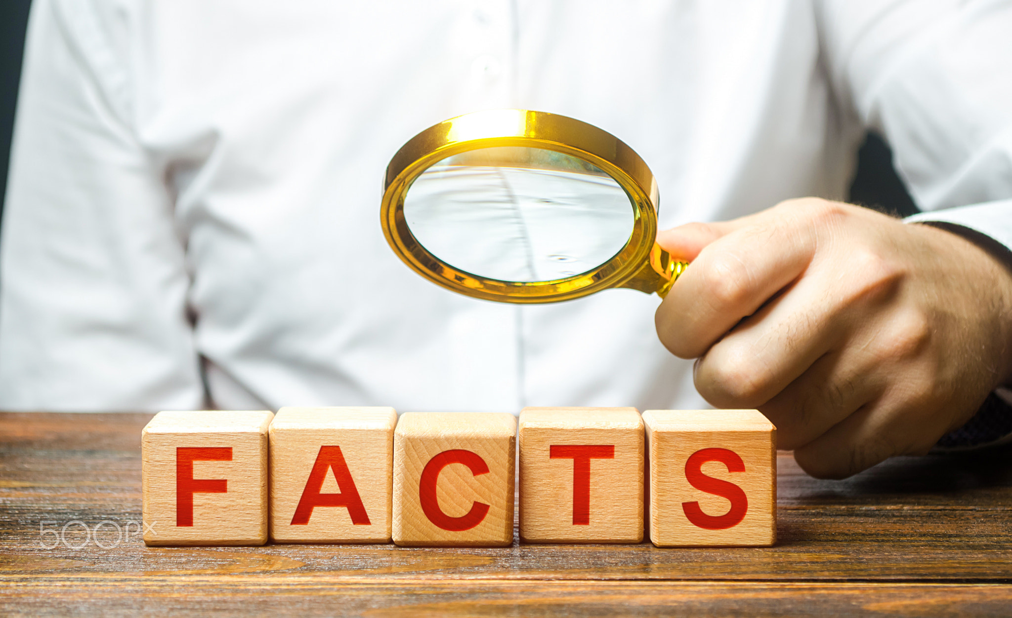 Man examines the blocks with word facts with a magnifying glass. 