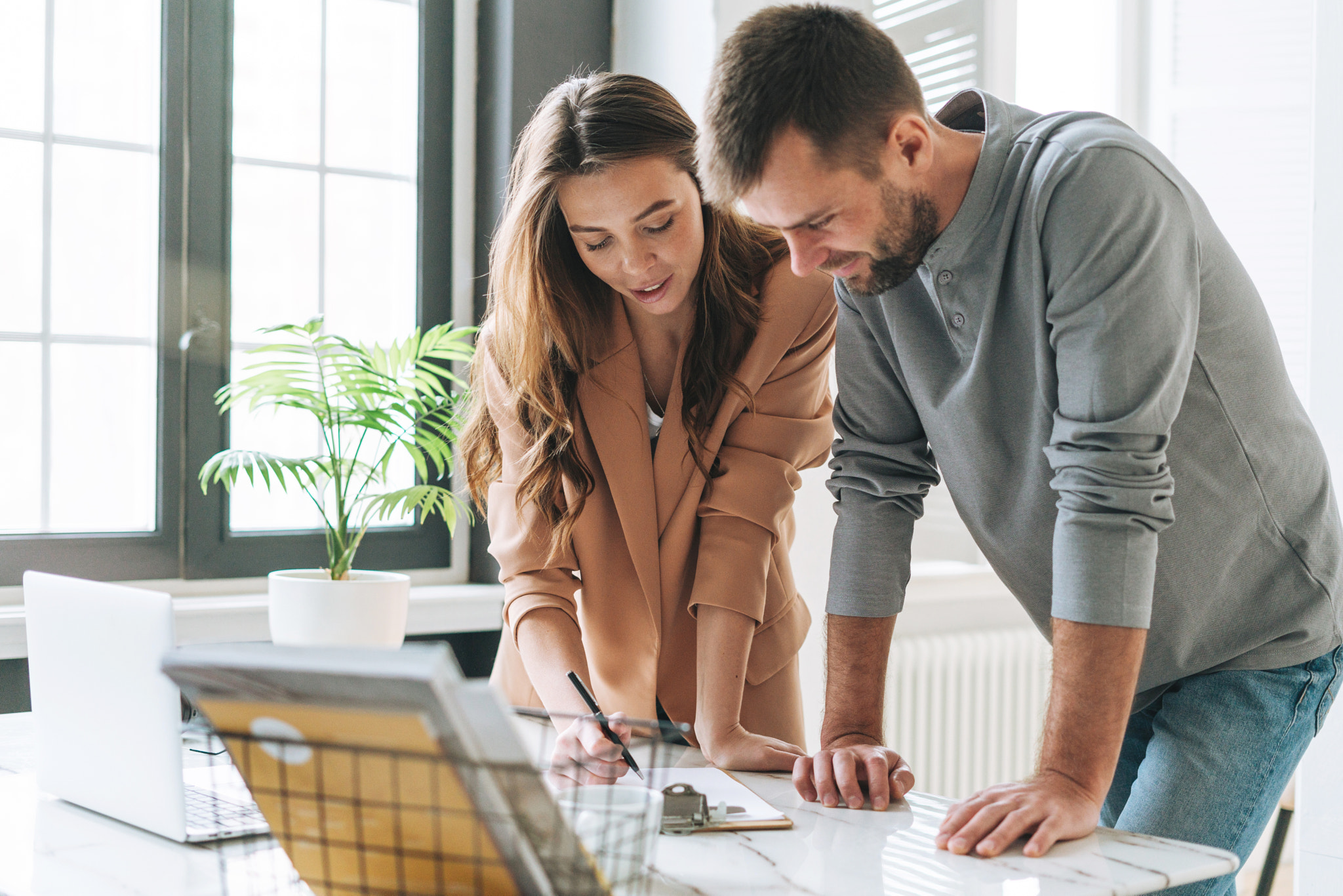 Young woman working with young man using laptop on table with green house plant in modern office