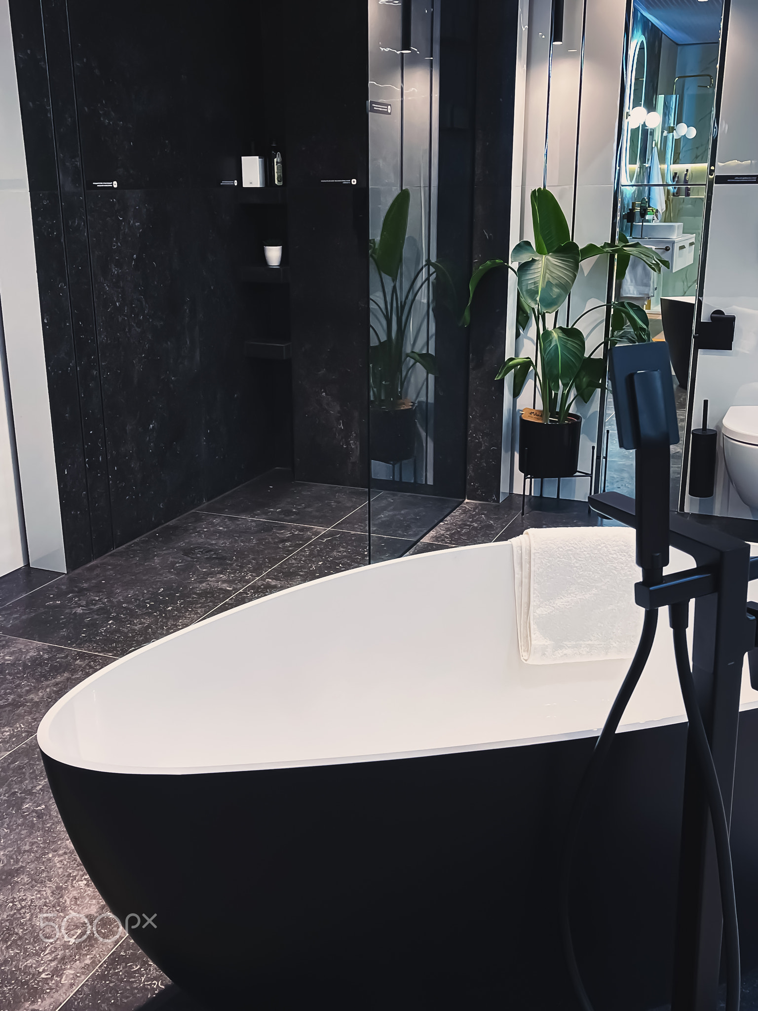 Modern bathroom interior, eco-friendly furniture decor made of organic