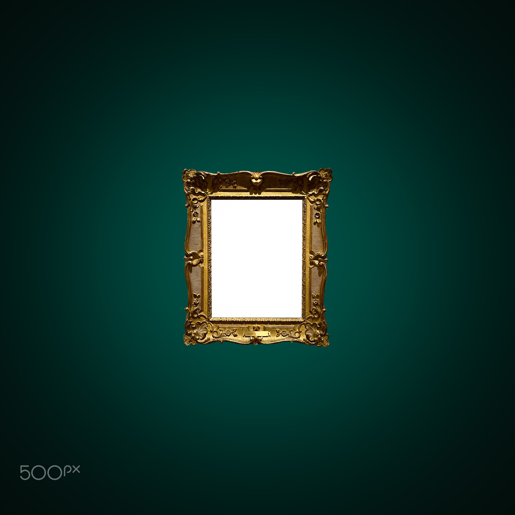 Antique art fair gallery frame on royal green wall at auction house or