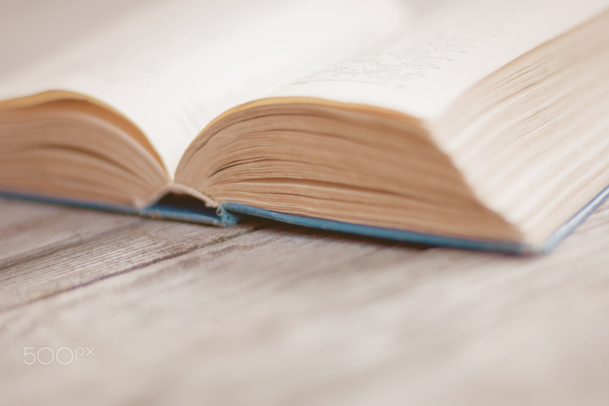 Open old paper book, blurry, copy space