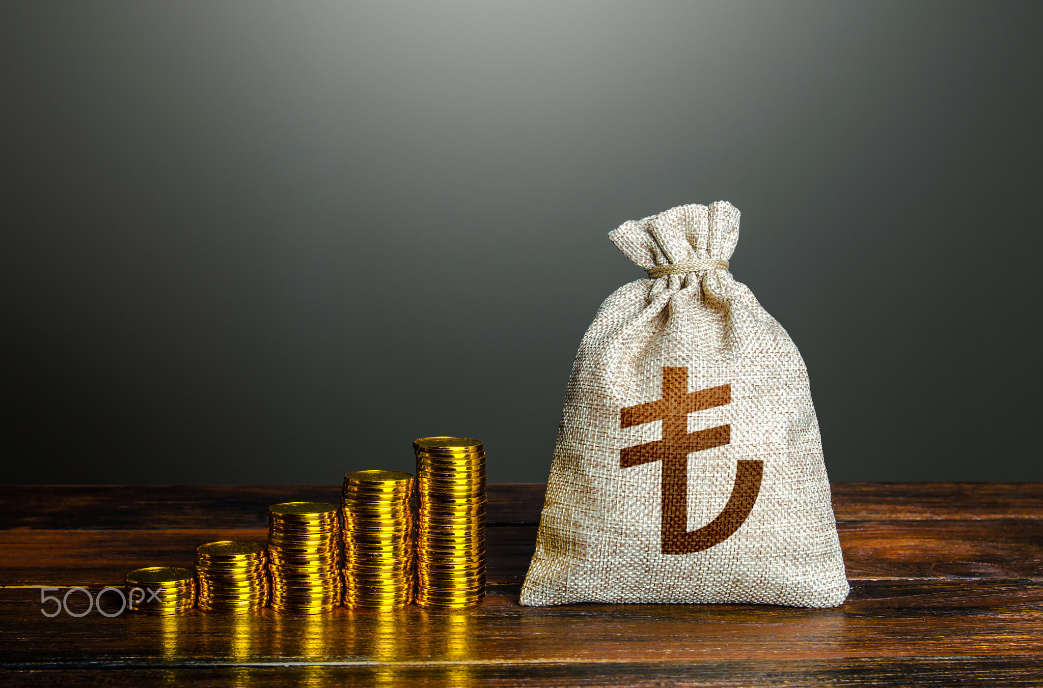 Turkish lira money bag and increasing stacks of coins.