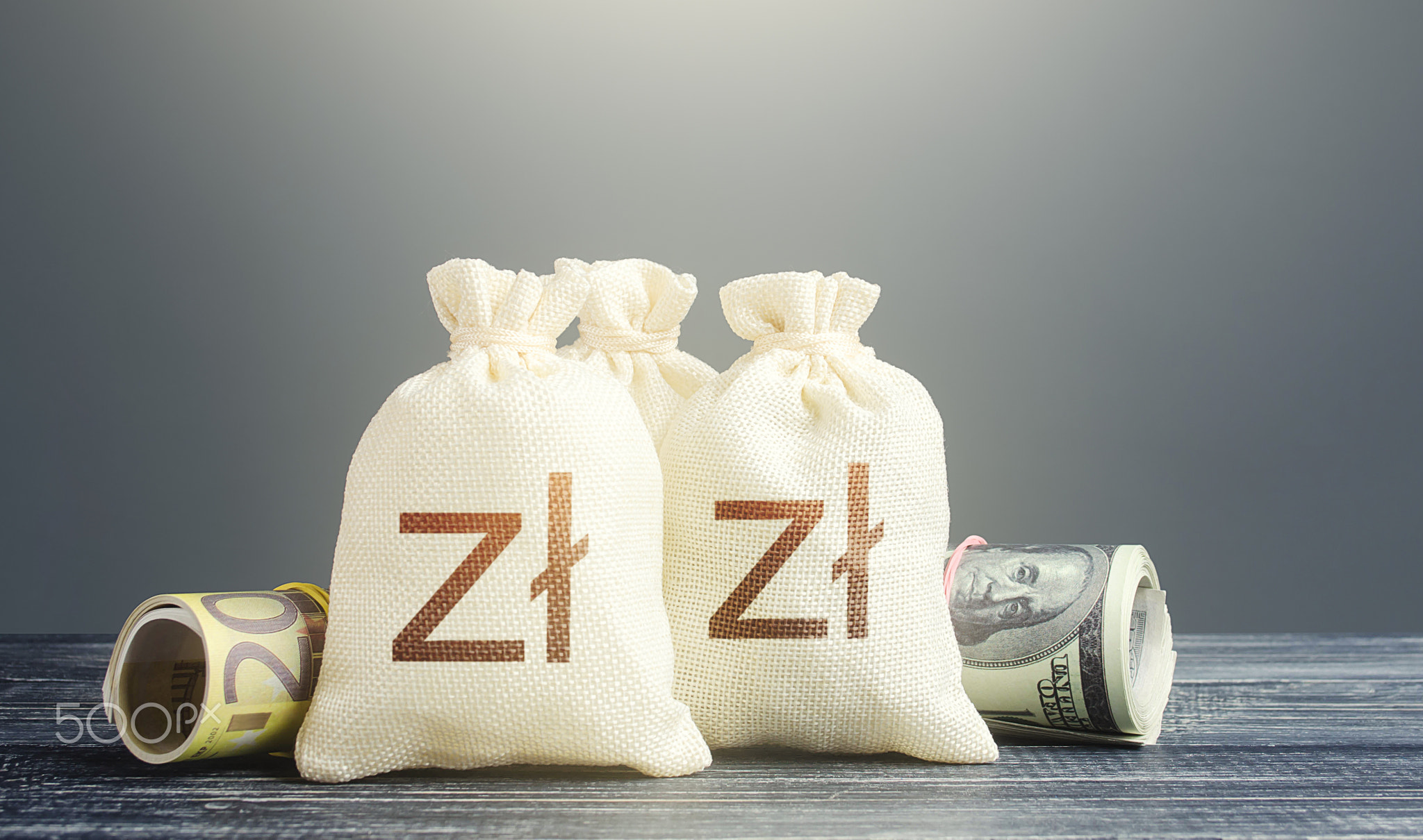 Polish zloty money bags and cash.