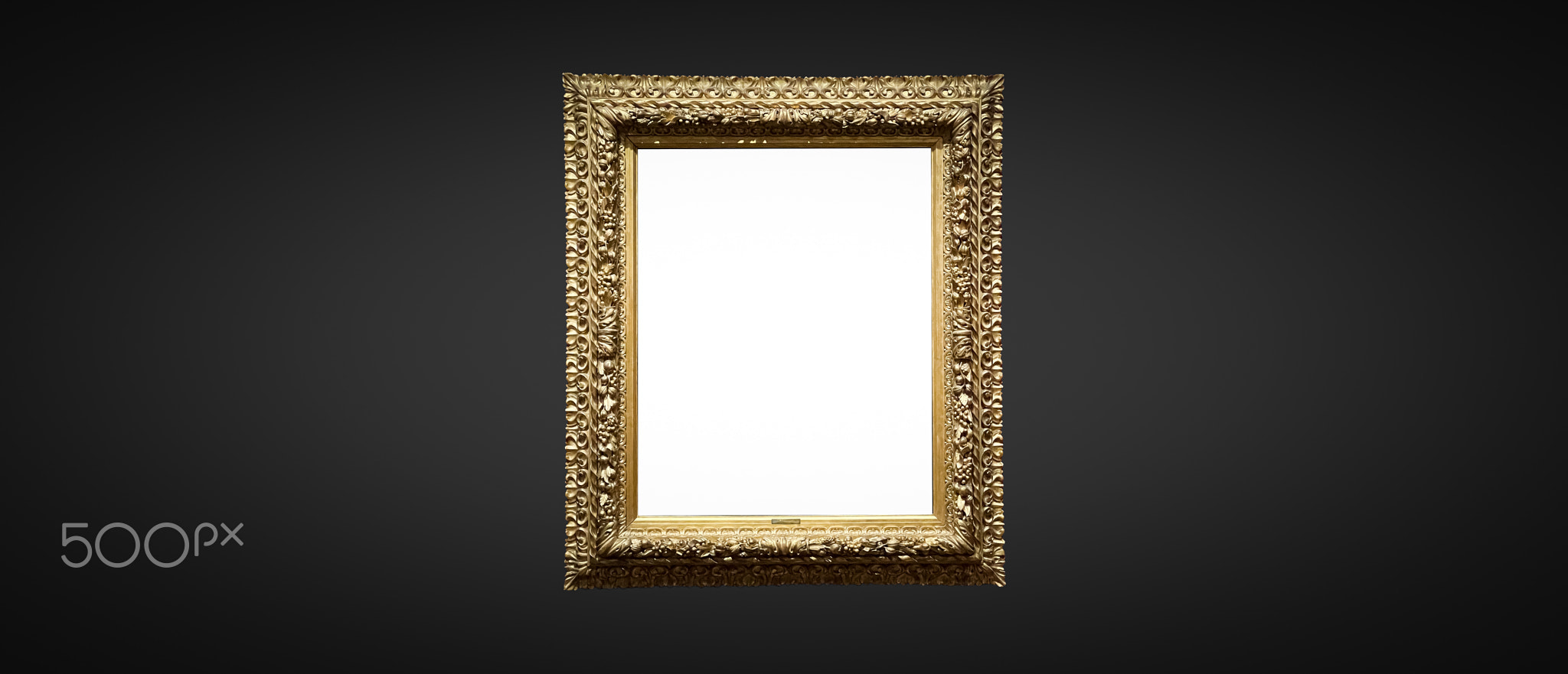 Antique art fair gallery frame on royal black wall at auction house or