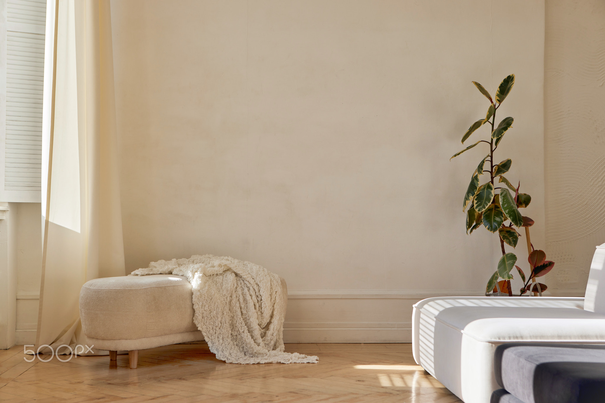 Interior of classy living room with soft couch and bench in sunlight