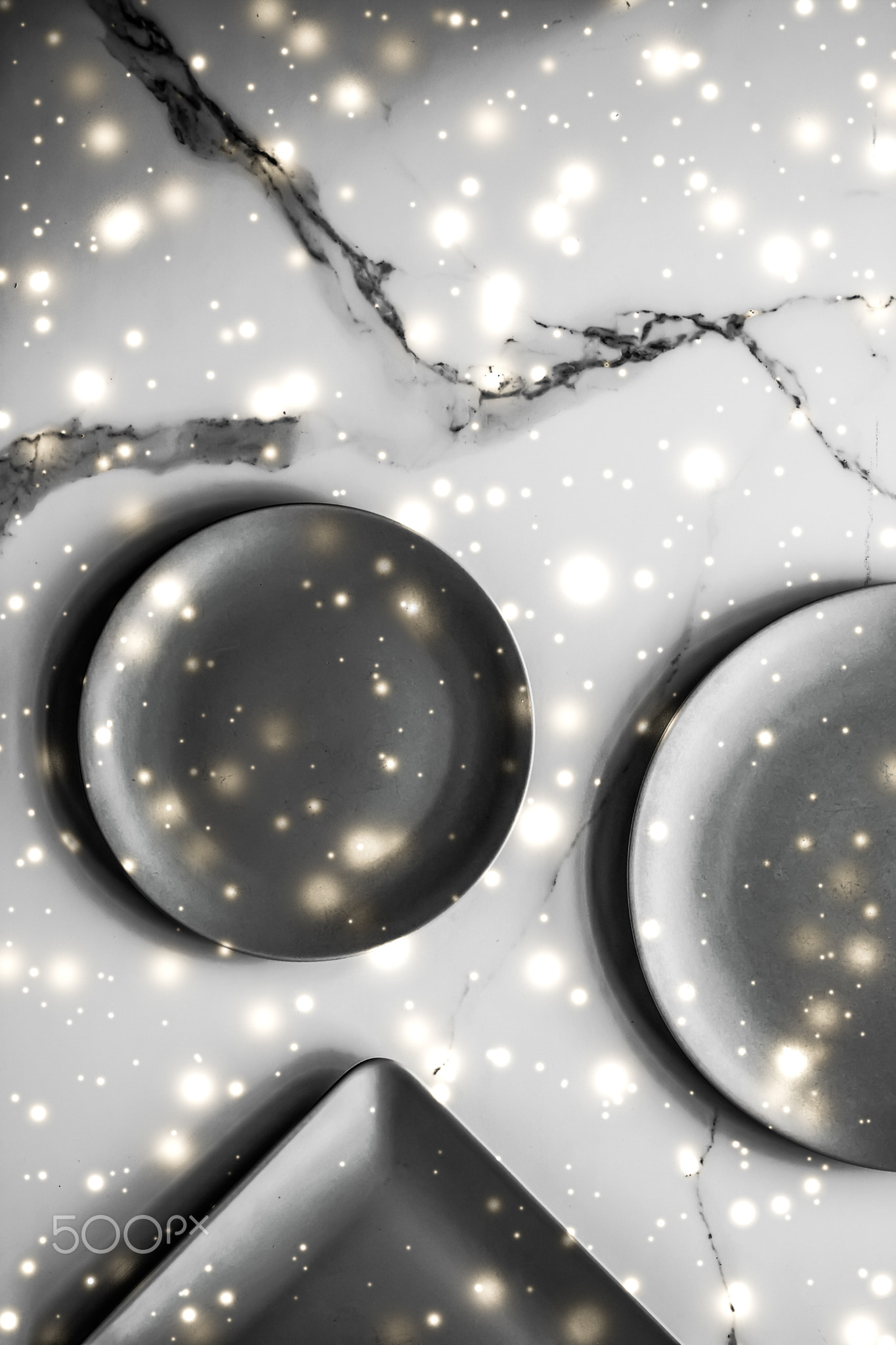 Blue empty plate on marble table flatlay background, tableware