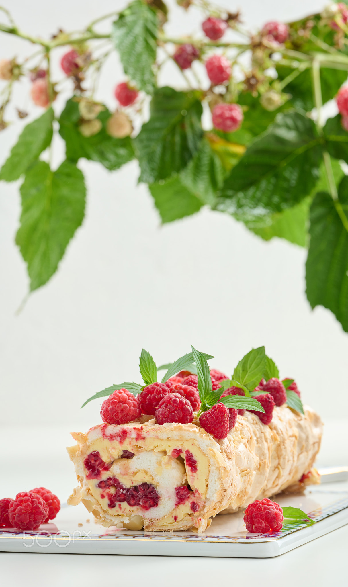 Baked meringue roll with cream and fresh red raspberry, white background