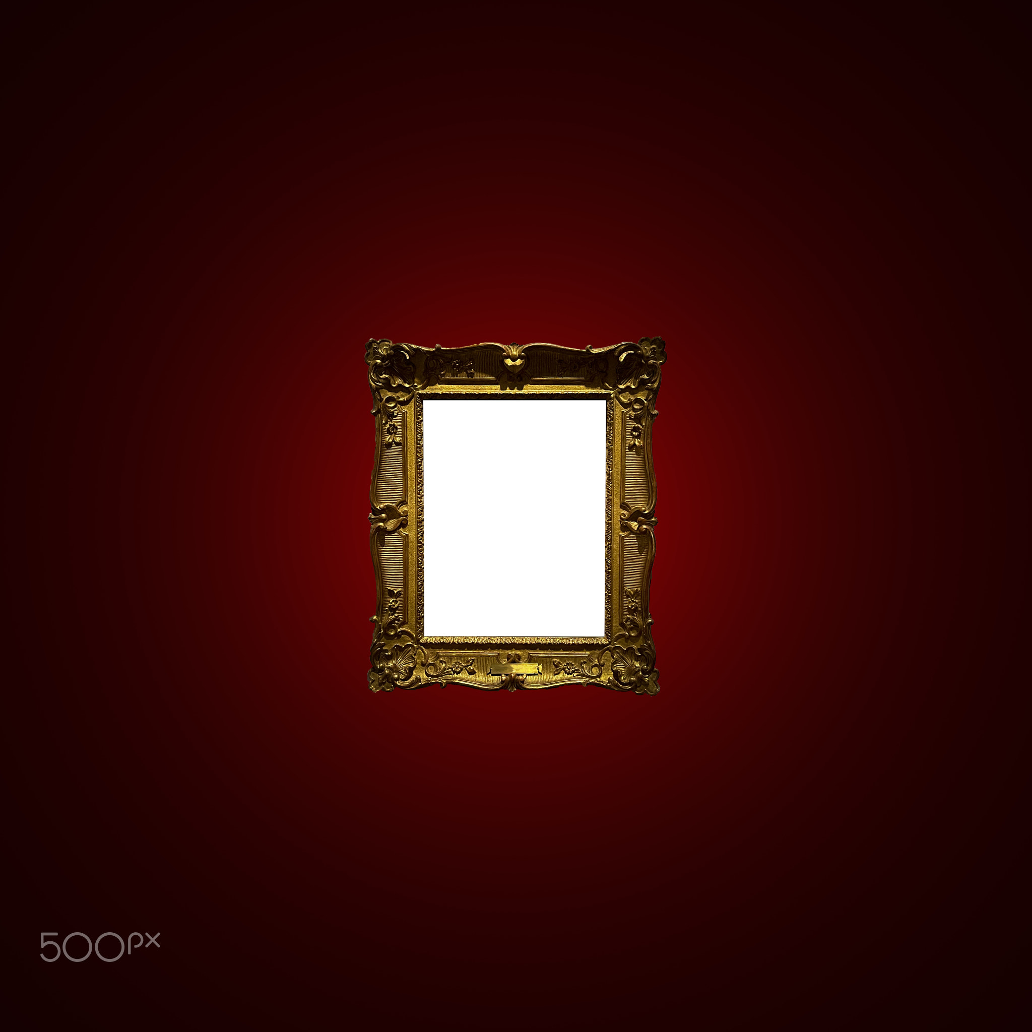 Antique art fair gallery frame on royal red wall at auction house or