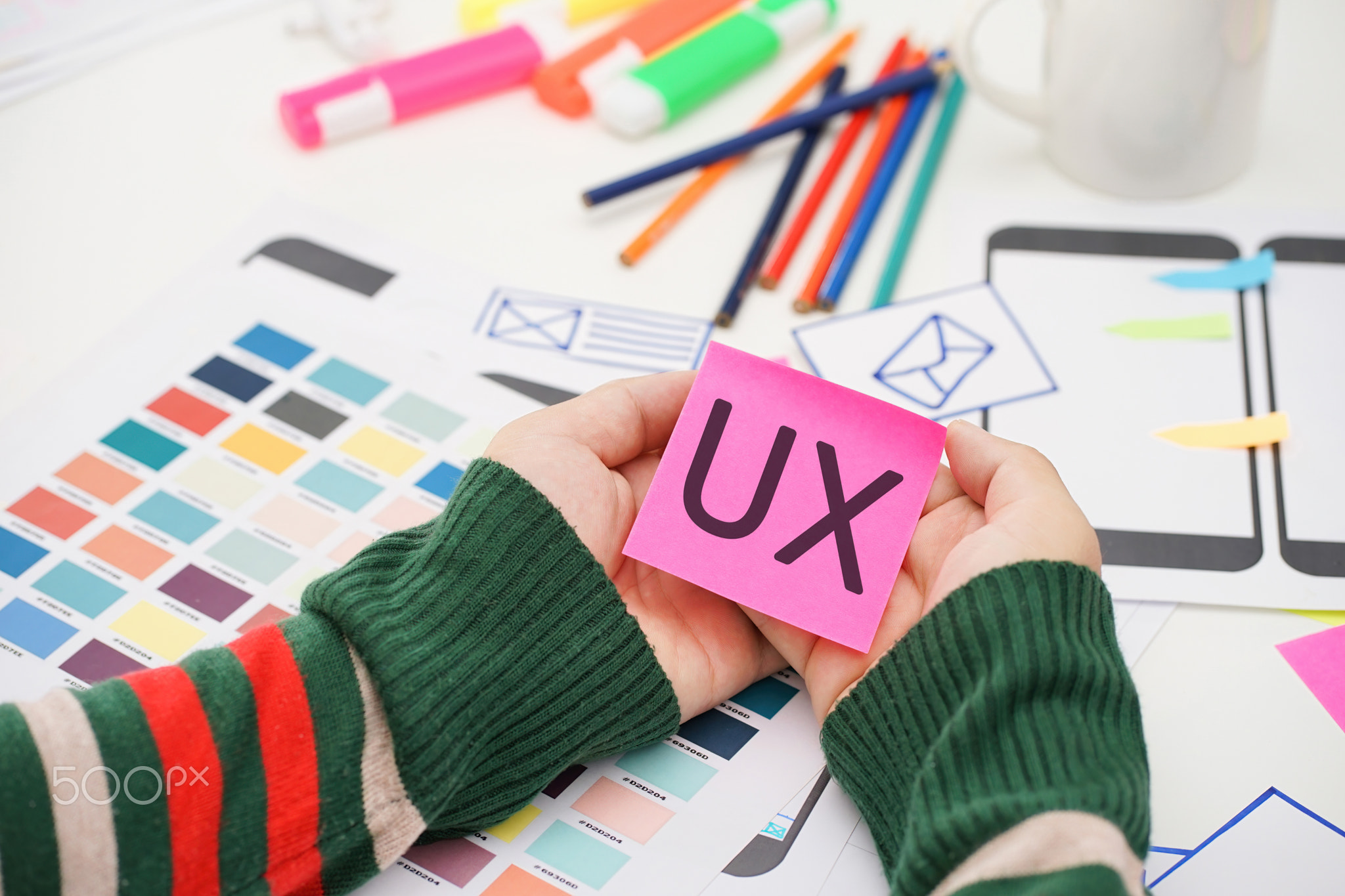 Creative top view photo of UX UI designer working space. User