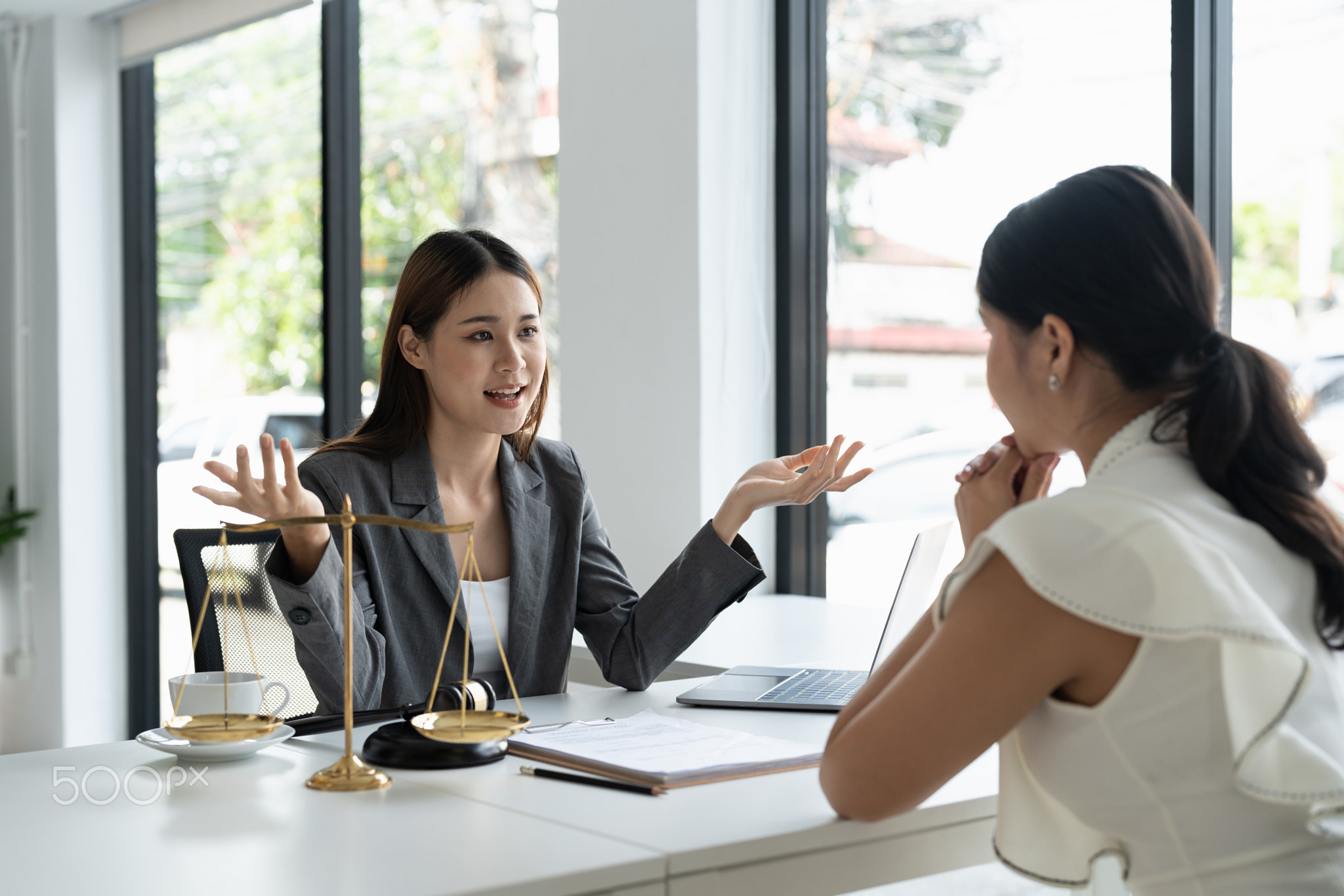 The young lawyer talks to negotiate with the male client to consult