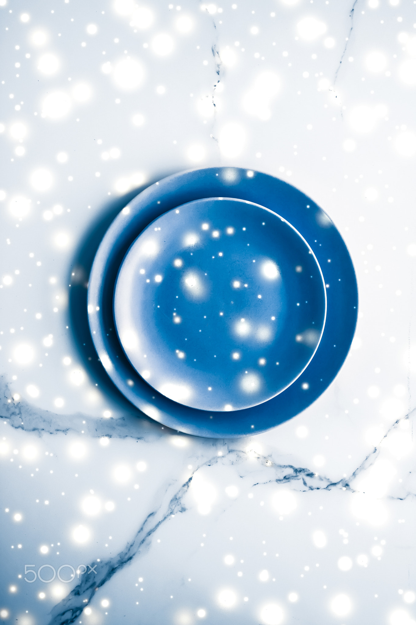 Blue empty plate on marble table flatlay background, tableware