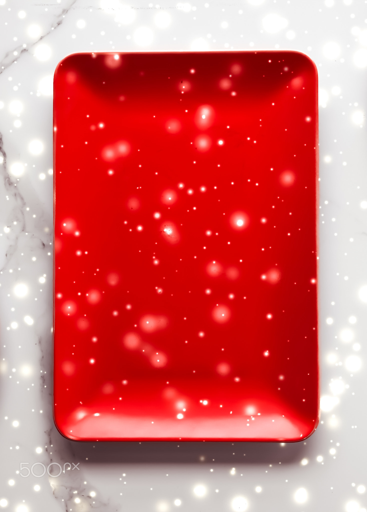 Red empty plate on marble table flatlay background, tableware