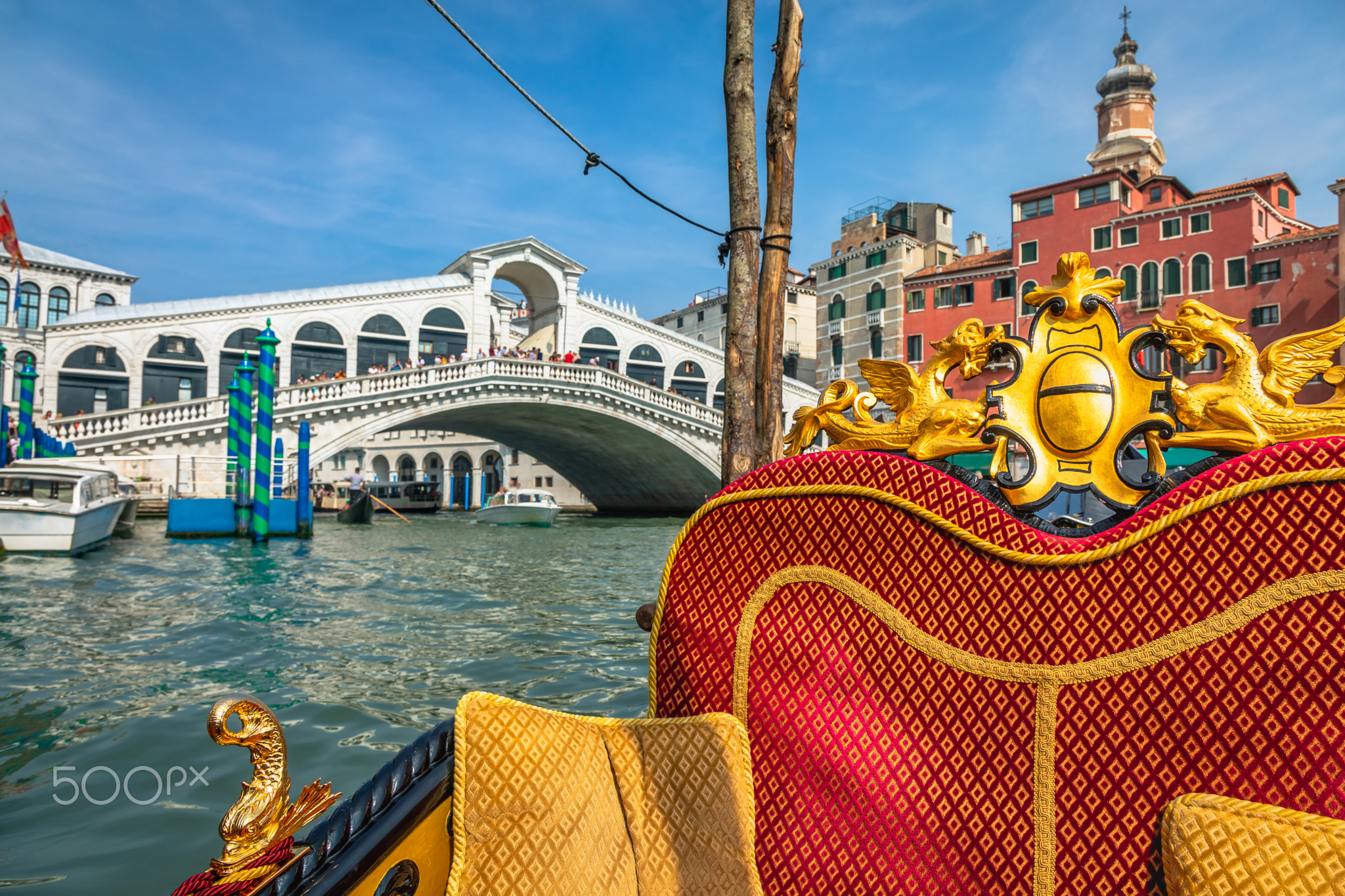 Ornate Gondola details in Rialto grand Canal corner at sunny day