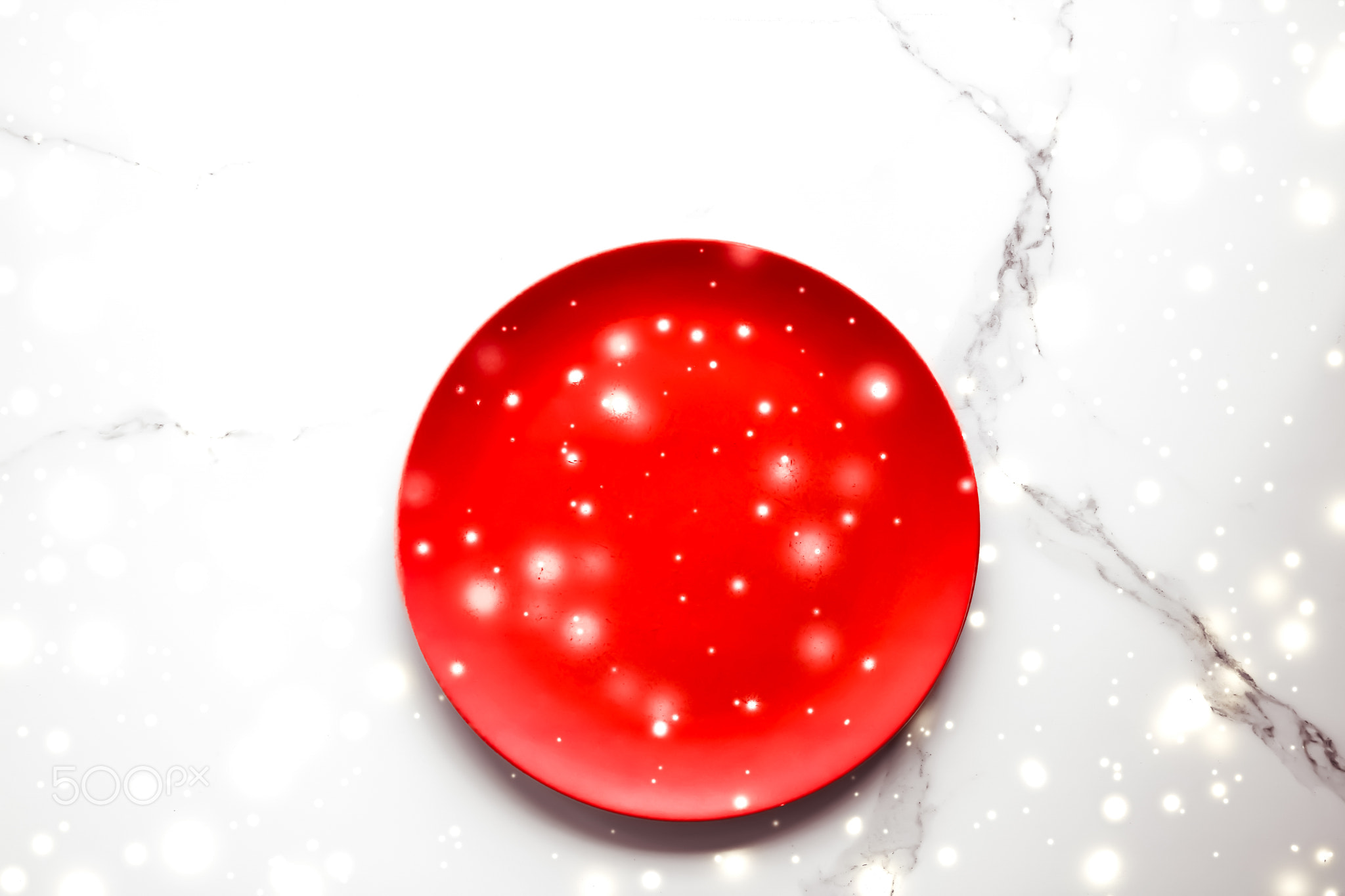 Red empty plate on marble table flatlay background, tableware
