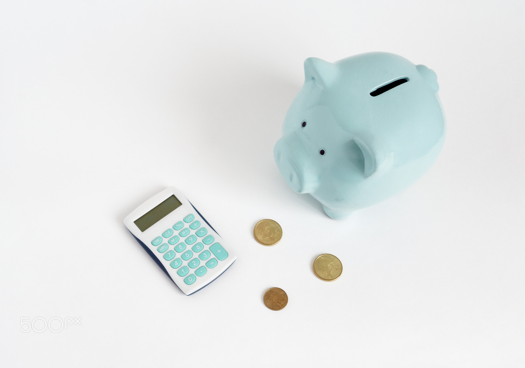 Illustration of counting money. Blue piggy bank with calculator and