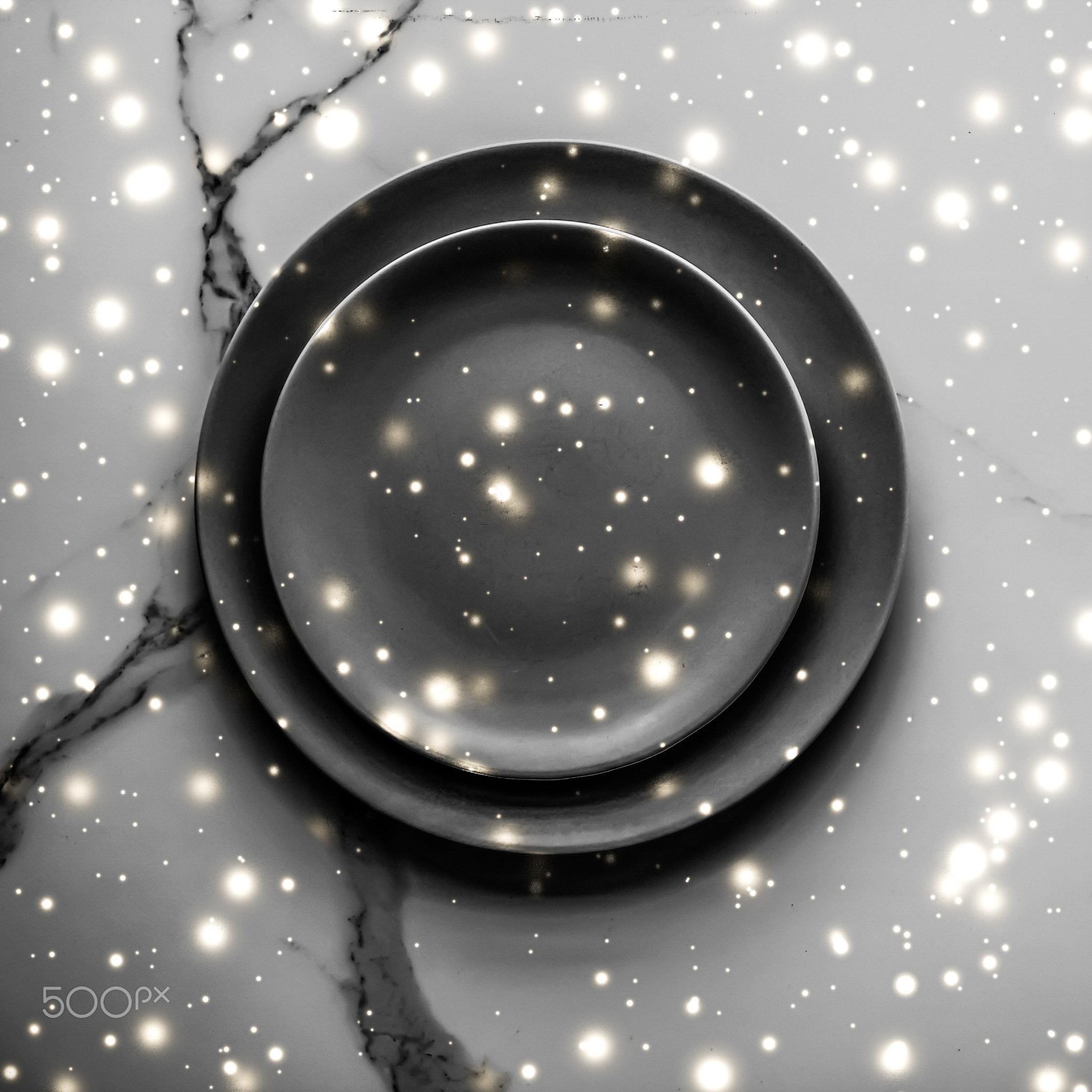 Blue empty plate on marble table flatlay background, tableware