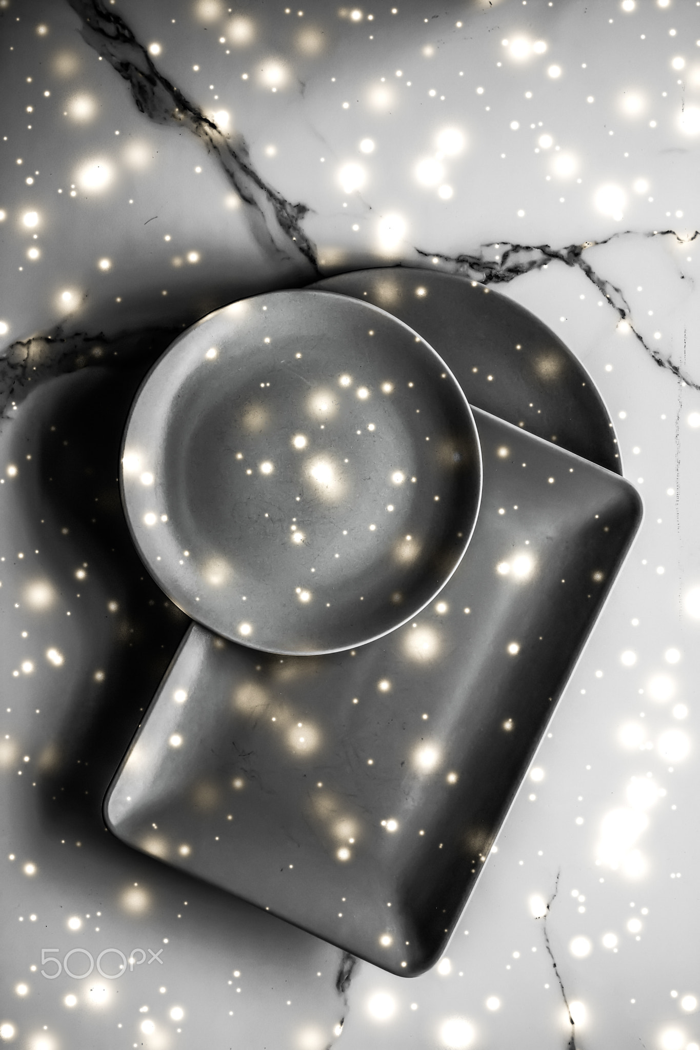 Blue empty plate on marble table flatlay background, tableware