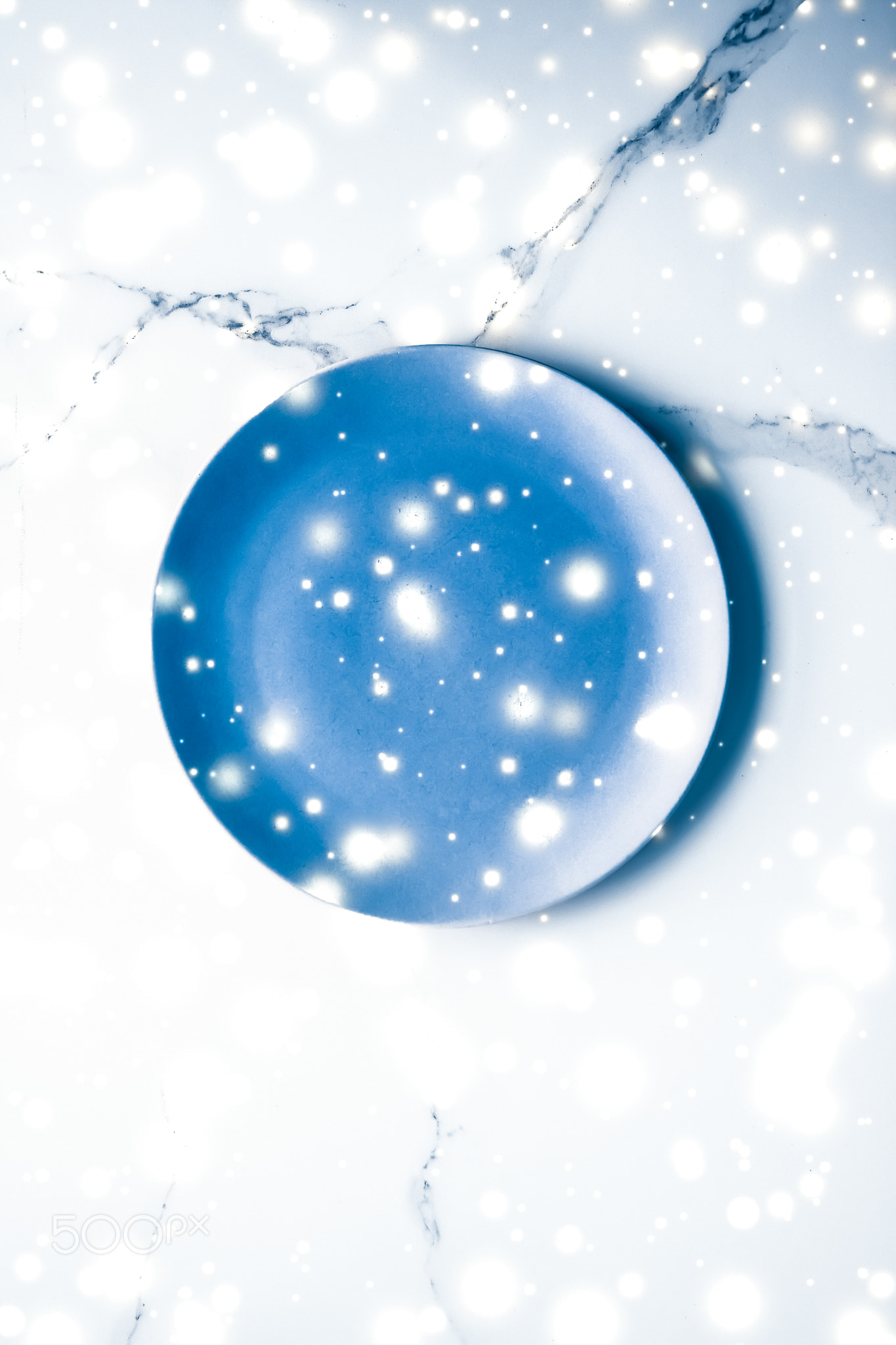 Blue empty plate on marble table flatlay background, tableware