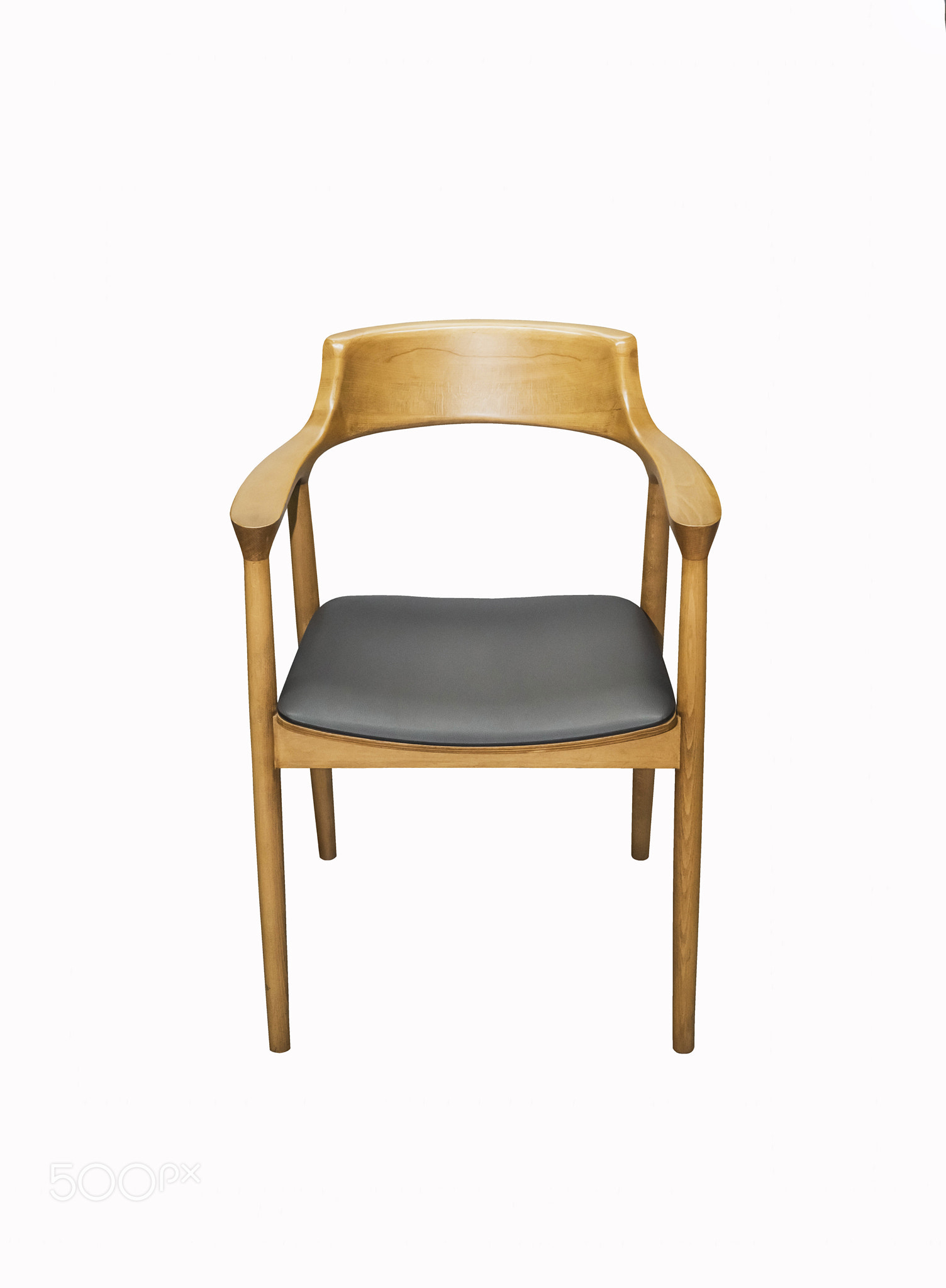 Comfortable wooden chair with armrests on white background. 
