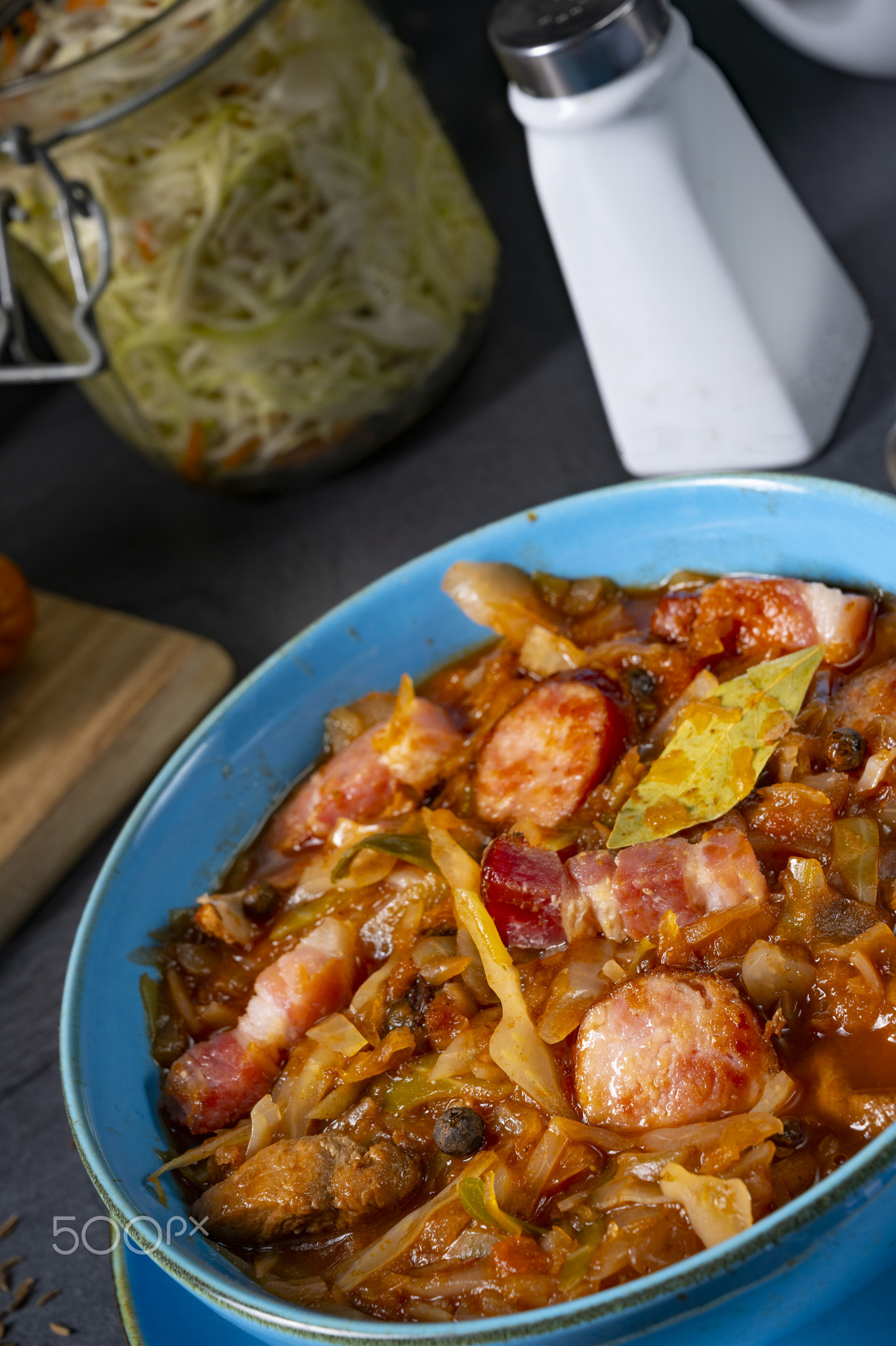 Polish bigos with sausage and mushrooms.