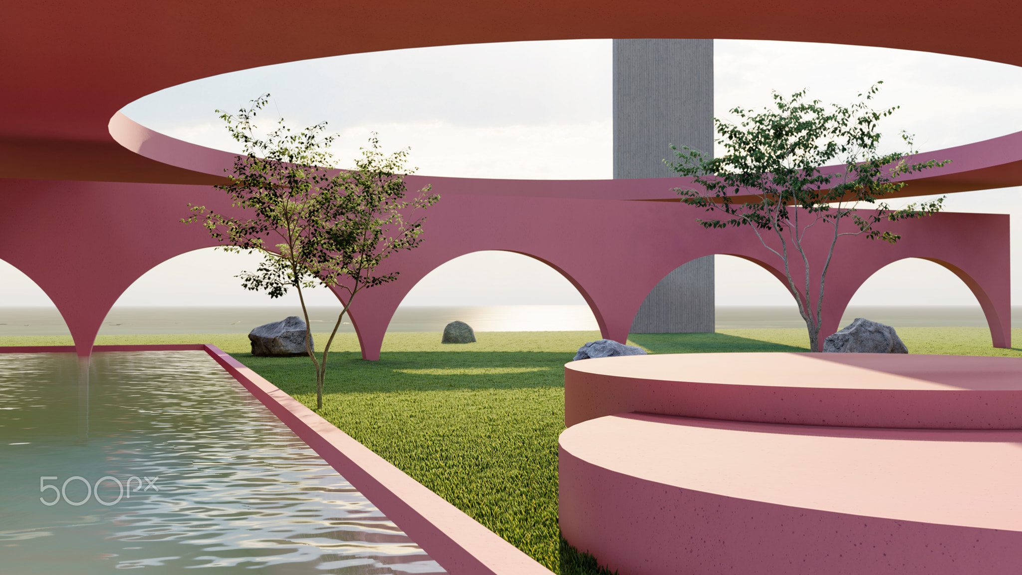 ideal mockup, scene with pedestals at different heights, arches in