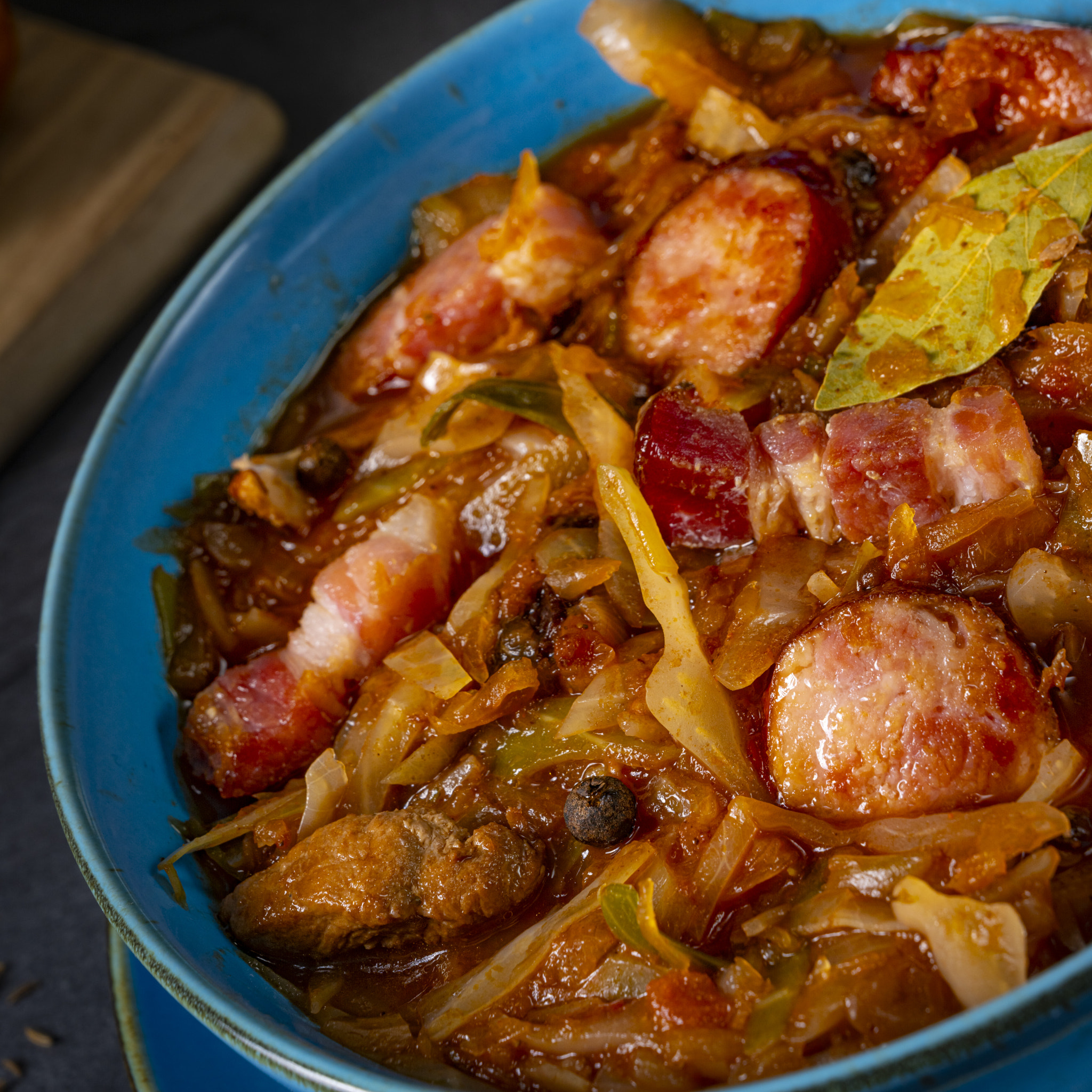 Polish bigos with sausage and mushrooms.