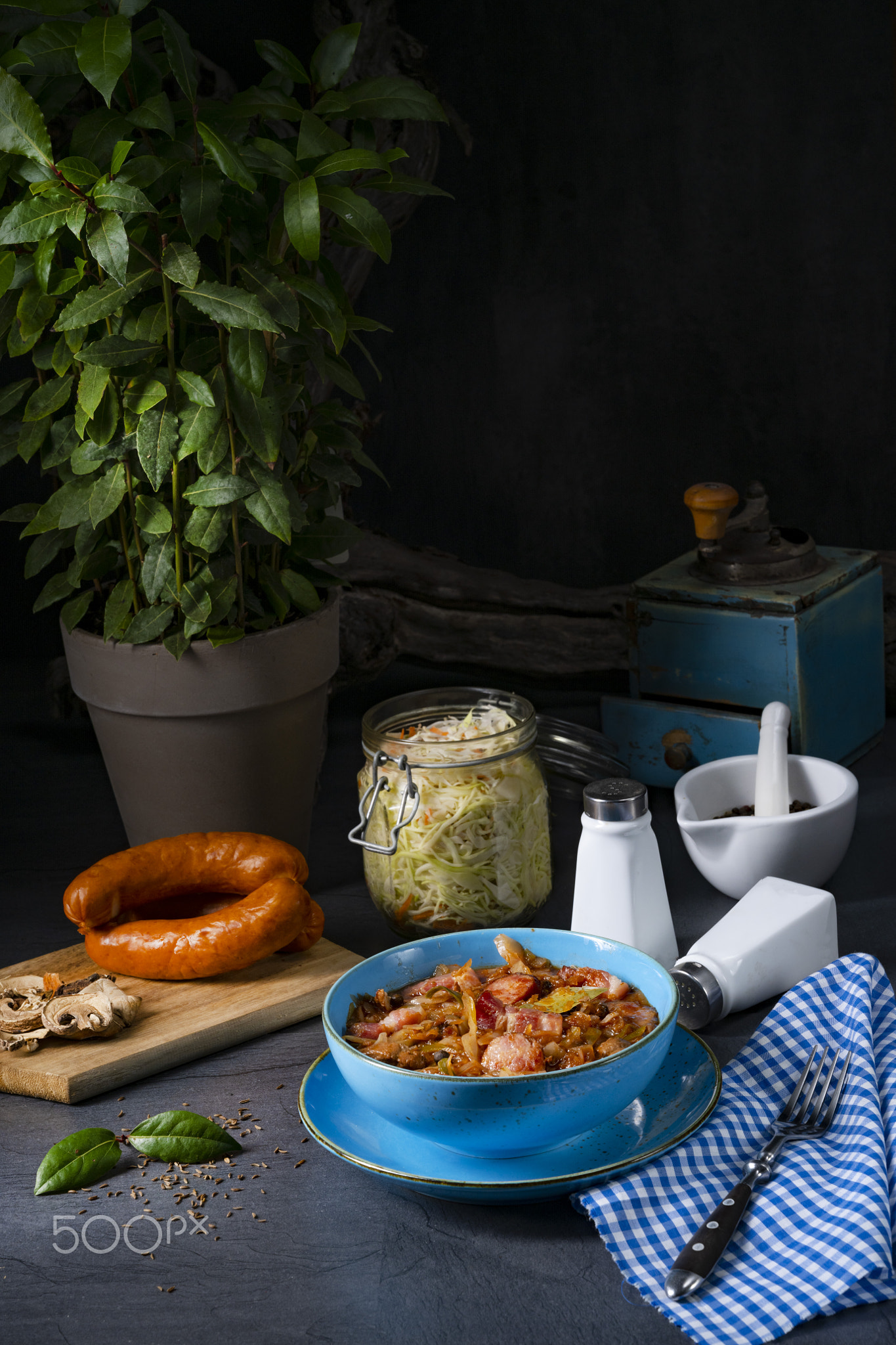 Polish bigos with sausage and mushrooms.