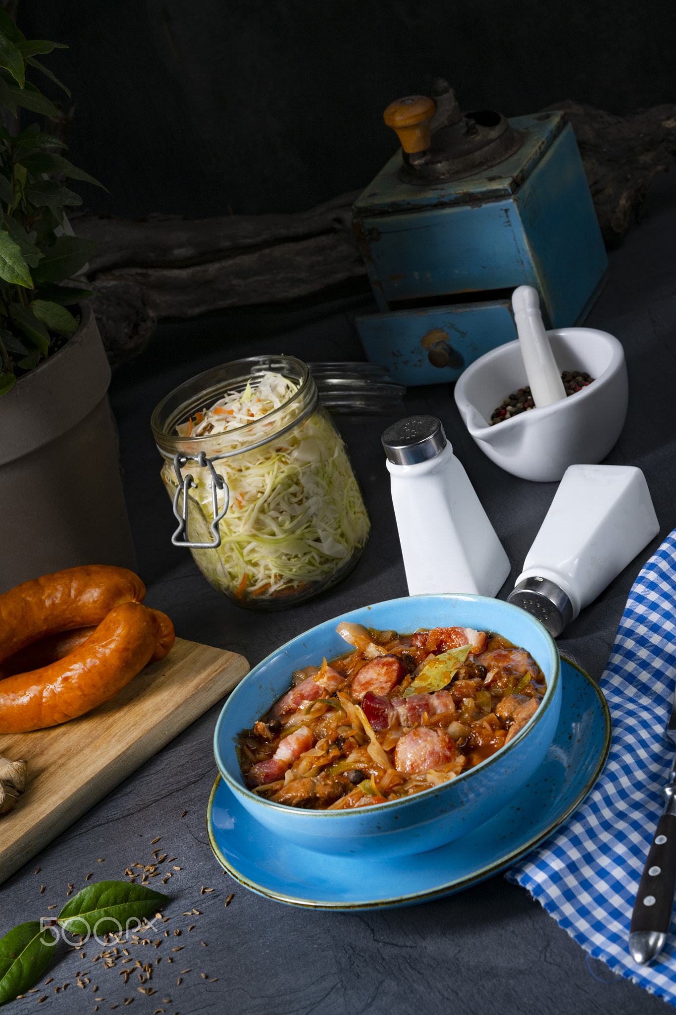 Polish bigos with sausage and mushrooms.