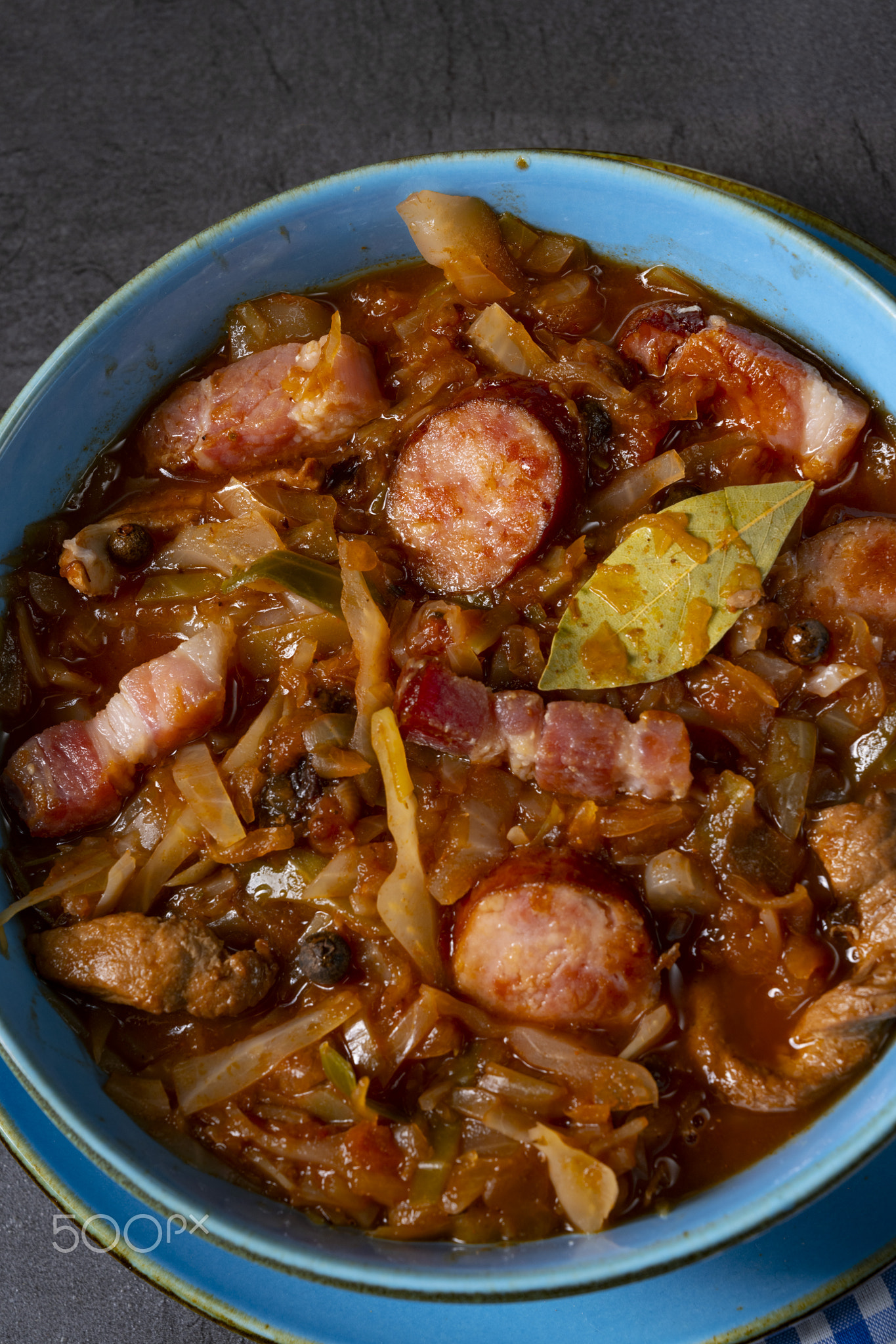 Polish bigos with sausage and mushrooms.