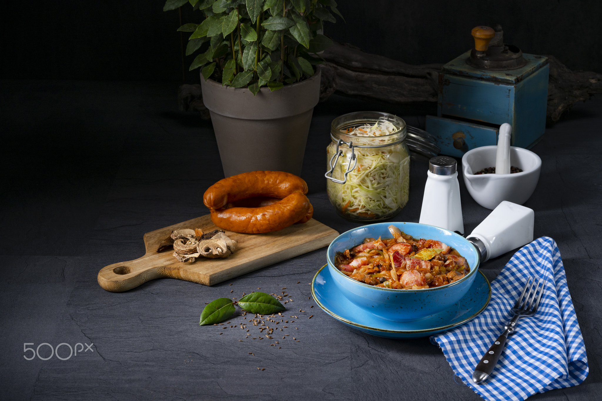 Polish bigos with sausage and mushrooms.