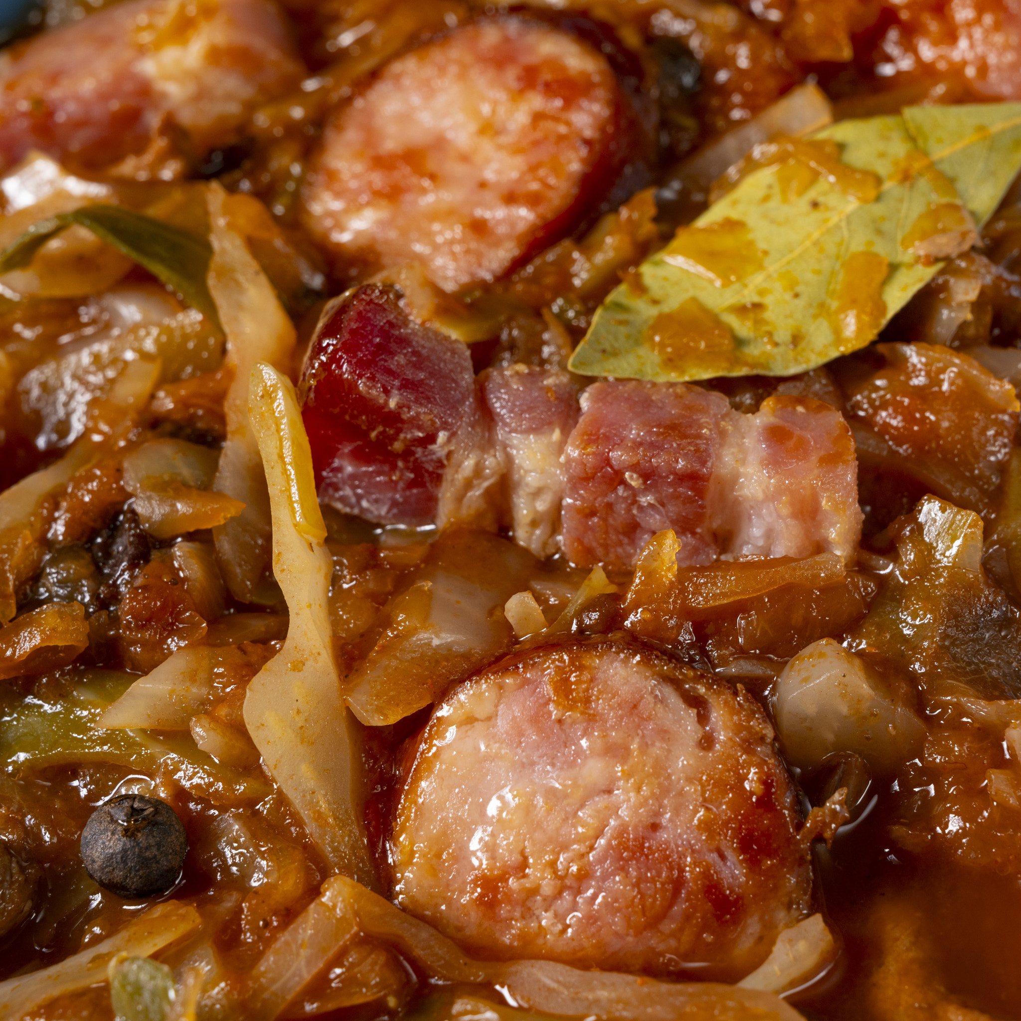 Polish bigos with sausage and mushrooms.