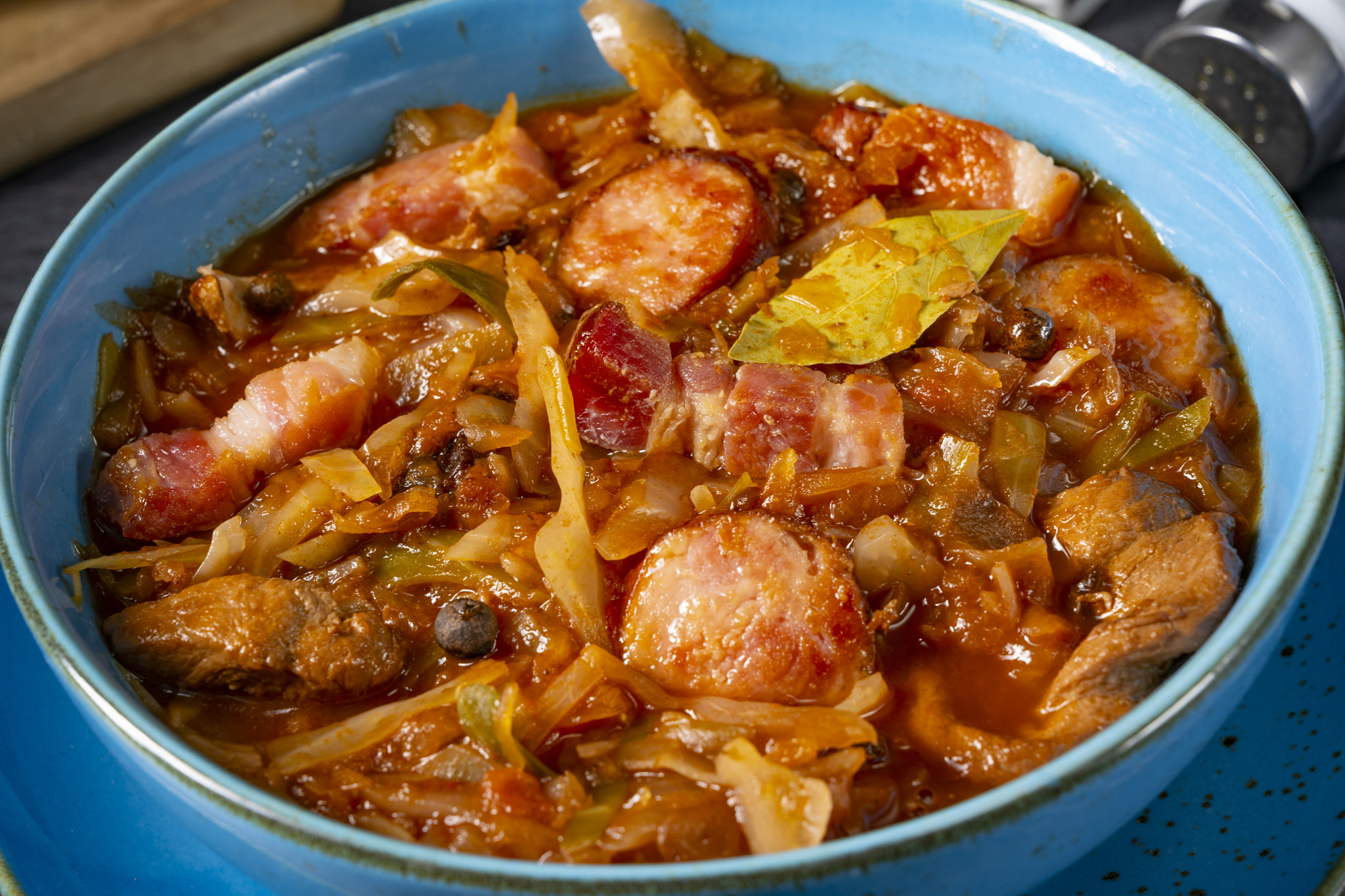 Polish bigos with sausage and mushrooms.