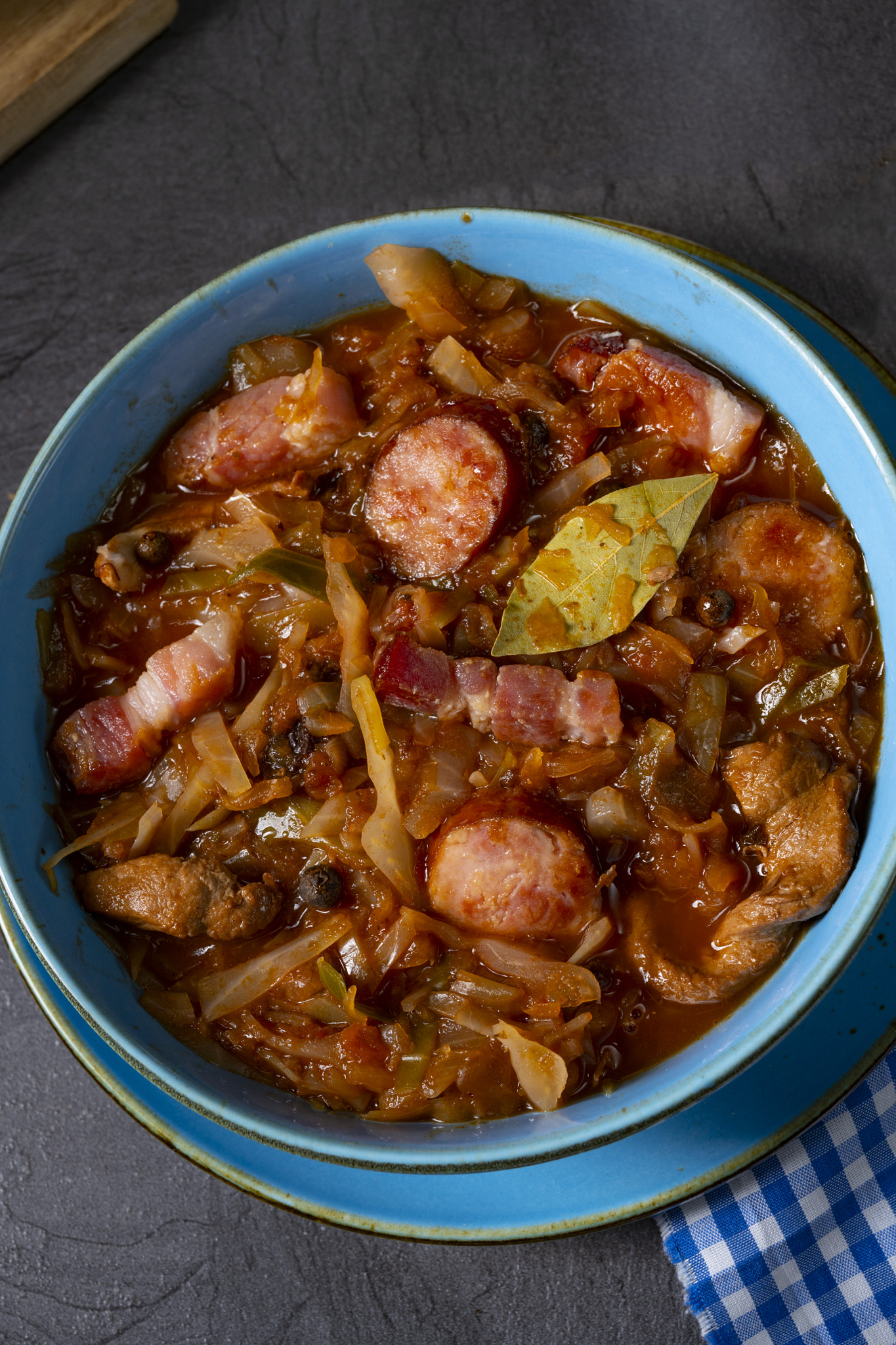 Polish bigos with sausage and mushrooms.