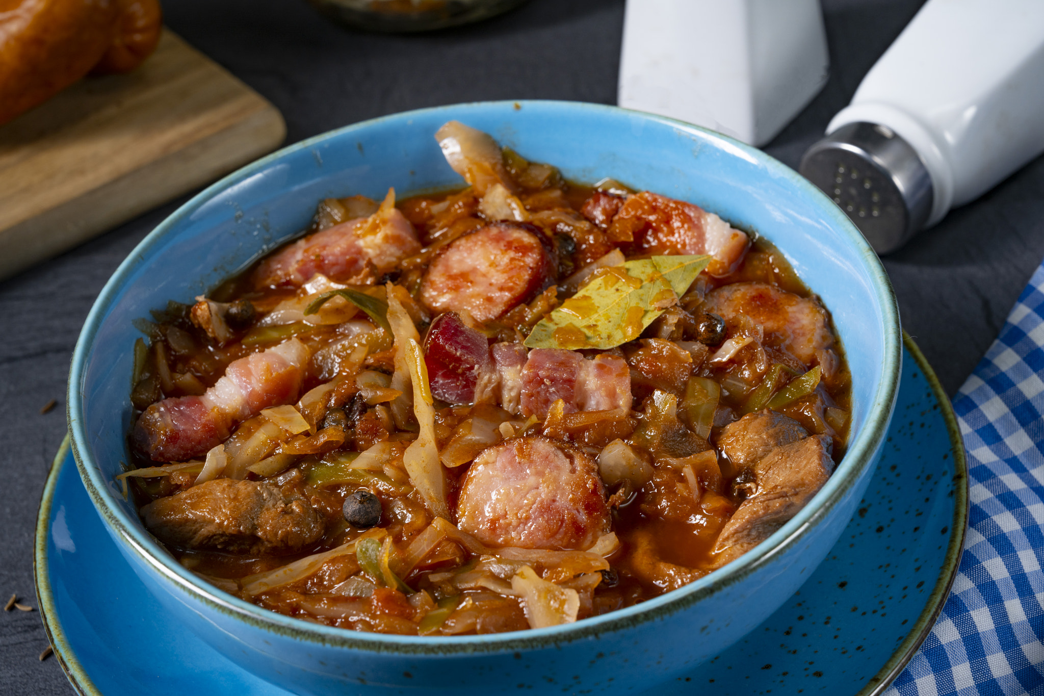 Polish bigos with sausage and mushrooms.