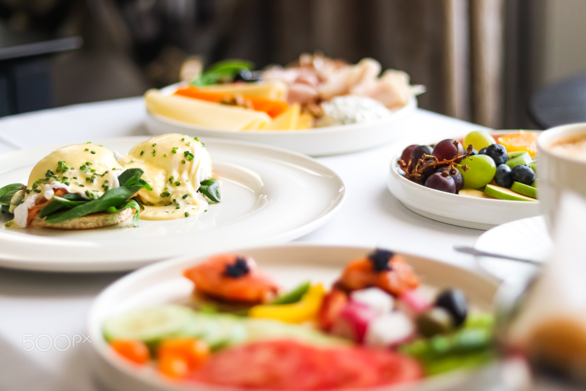 Luxury hotel and five star room service, various food platters, bread