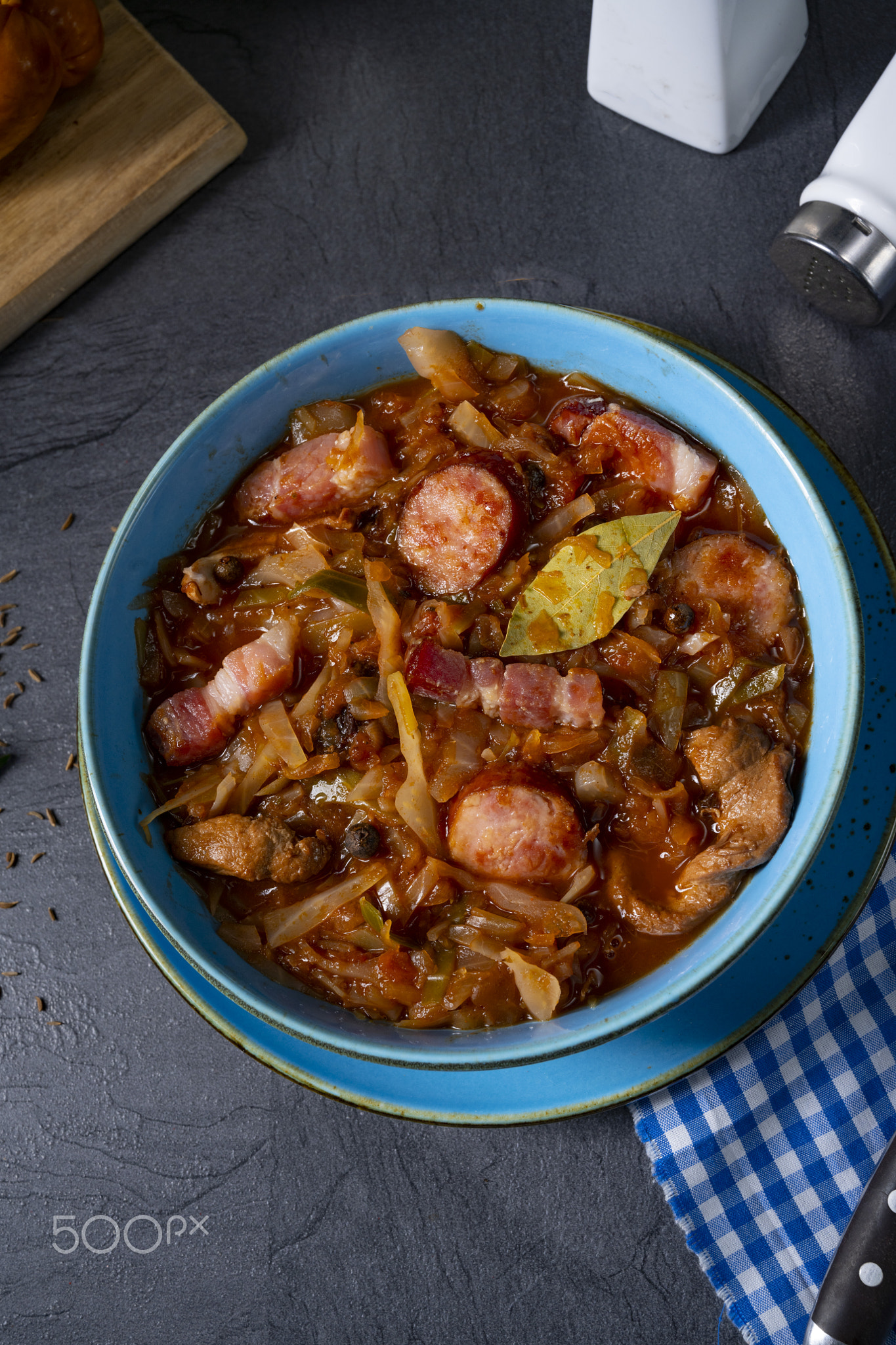 Polish bigos with sausage and mushrooms.