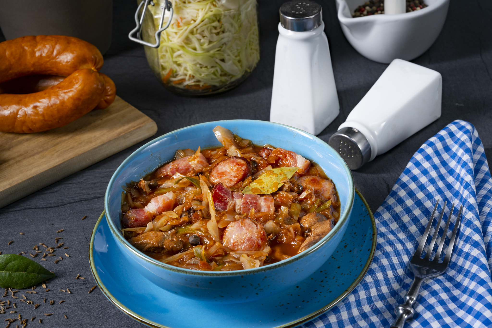 Polish bigos with sausage and mushrooms.